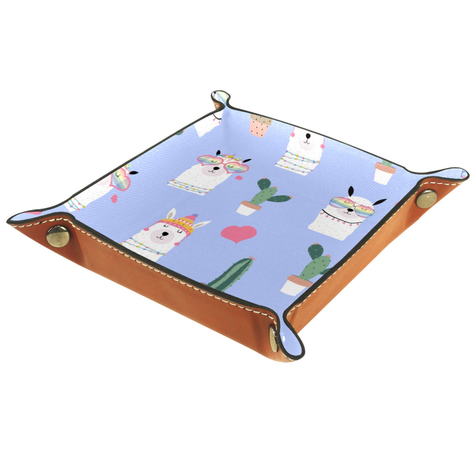 Stylish Llama Heart Glasses Cactus Jewelry Tray - Leather Storage Organizer for Keys, Wallets, Watches & Coins | Decorative Desktop Organizer for Men & Women | Perfect for Bedroom, Office & Gift Giving