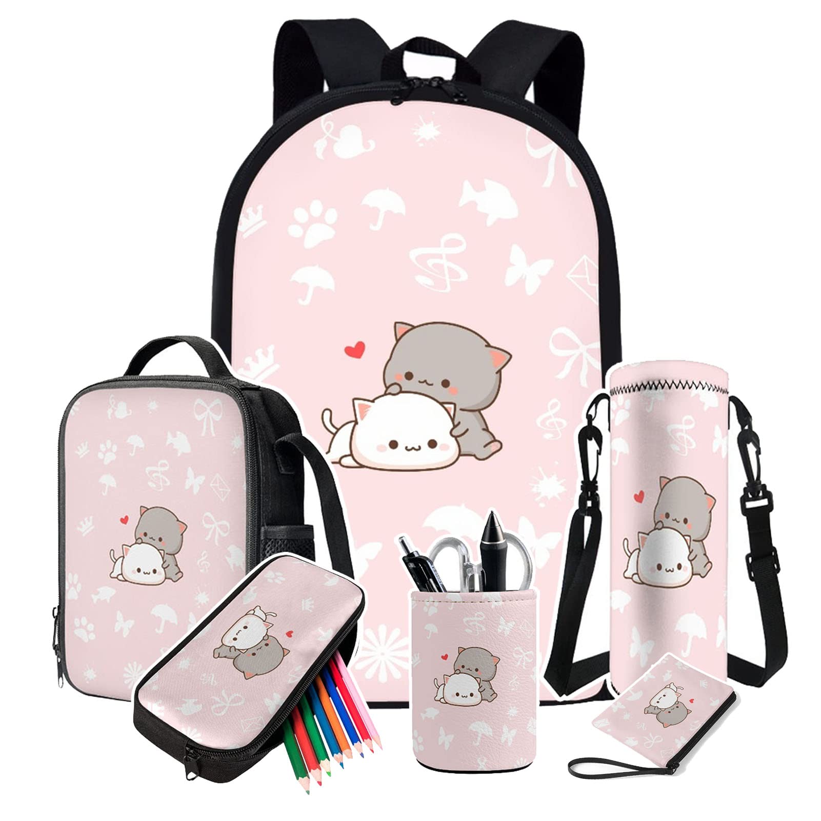Cute Cartoon Cat School Backpack Set for Teen Girls - 6Pcs Kitten Bookbag with Lunch Bag, Pencil Case, Pen Holder & Pink Water Bottle Bag | Perfect for School, Travel, and Daily Use