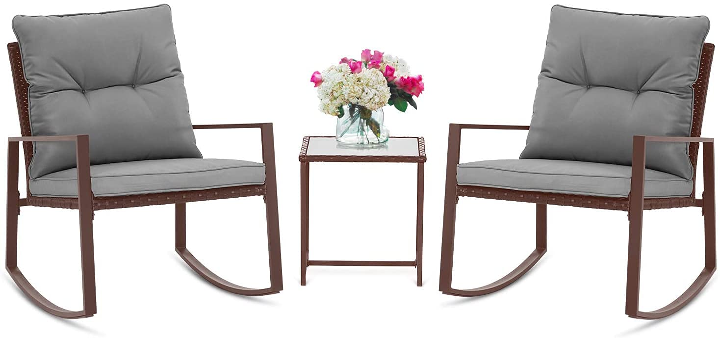 Omelaza 3-Piece Outdoor Patio Furniture Set - All-Weather Wicker Rocking Chairs with Glass Coffee Table & Gray Cushions - Perfect for Garden, Backyard, Poolside or Balcony Relaxation