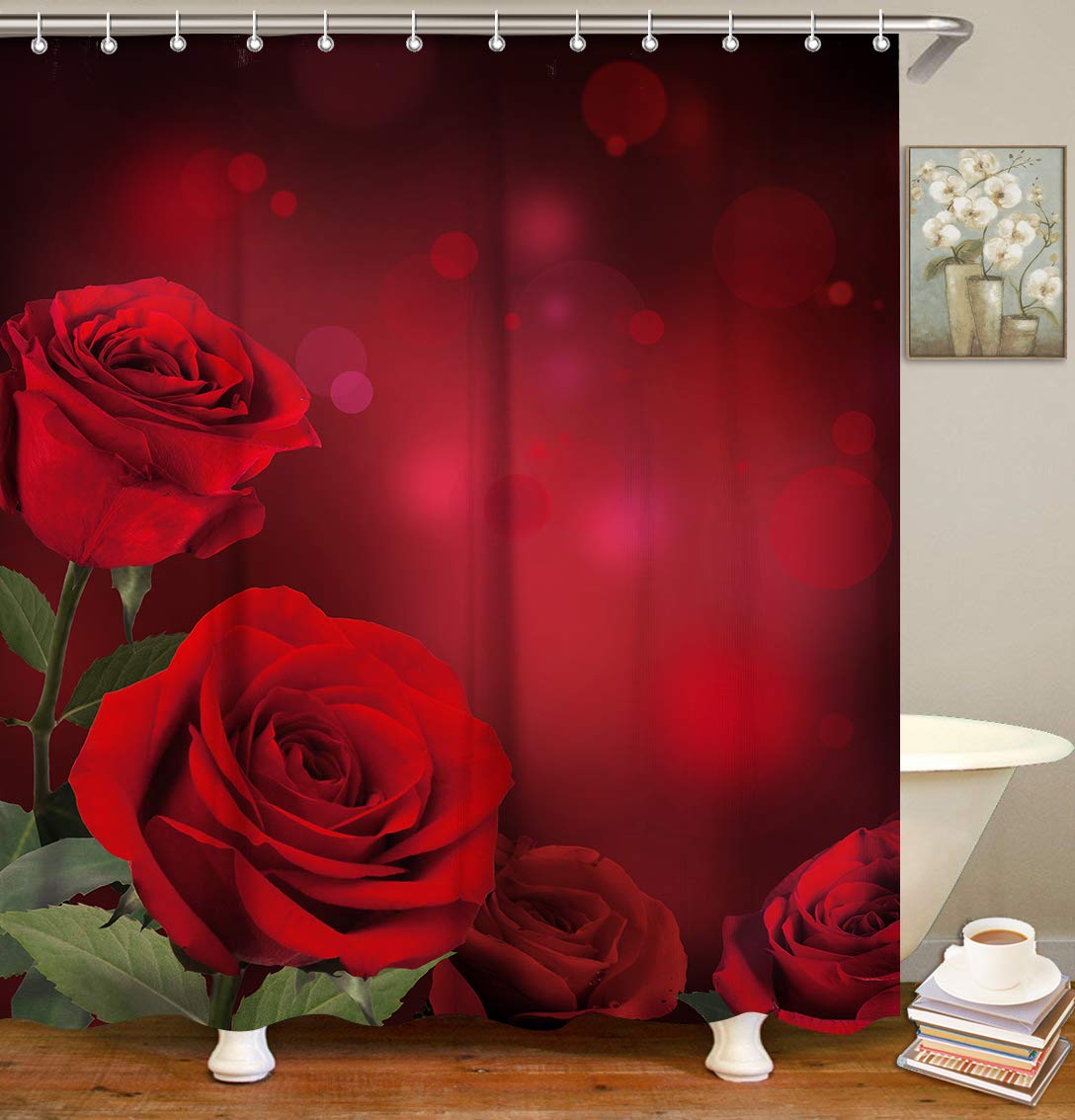 LIVILAN Rose Shower Curtain Set - Red Floral Bathroom Decor with 12 Hooks, Machine Washable 72x72 Inch Waterproof Shower Liner - Romantic Flower Design for Shower Stalls & Bathtub Enclosures - Perfect for Valentine's Day & Master Bathroom Decor
