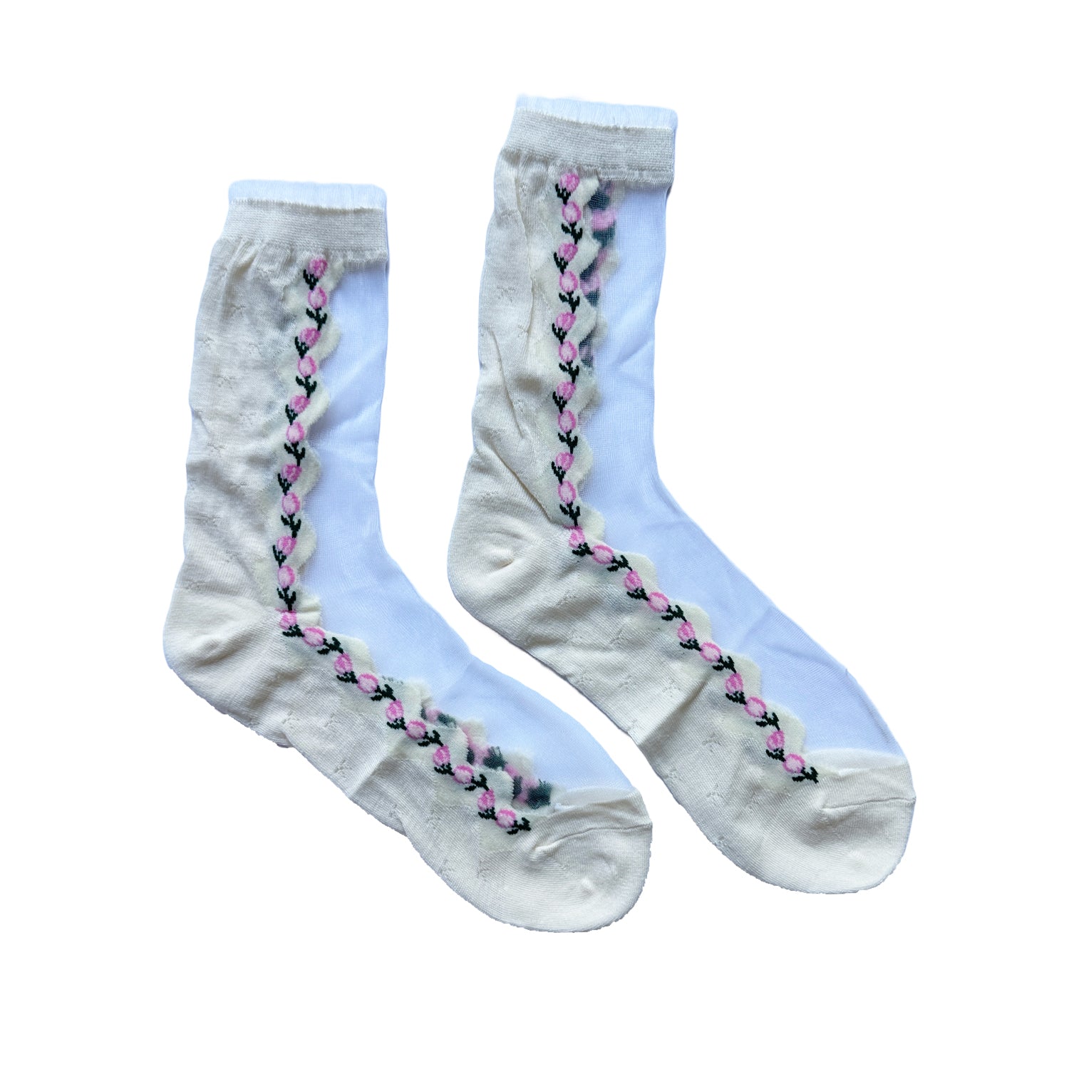 FLOOF Women's Tall Floral Mesh Socks - White Knee High Lace Stockings for Fashion, Cosplay & Outfit Styling