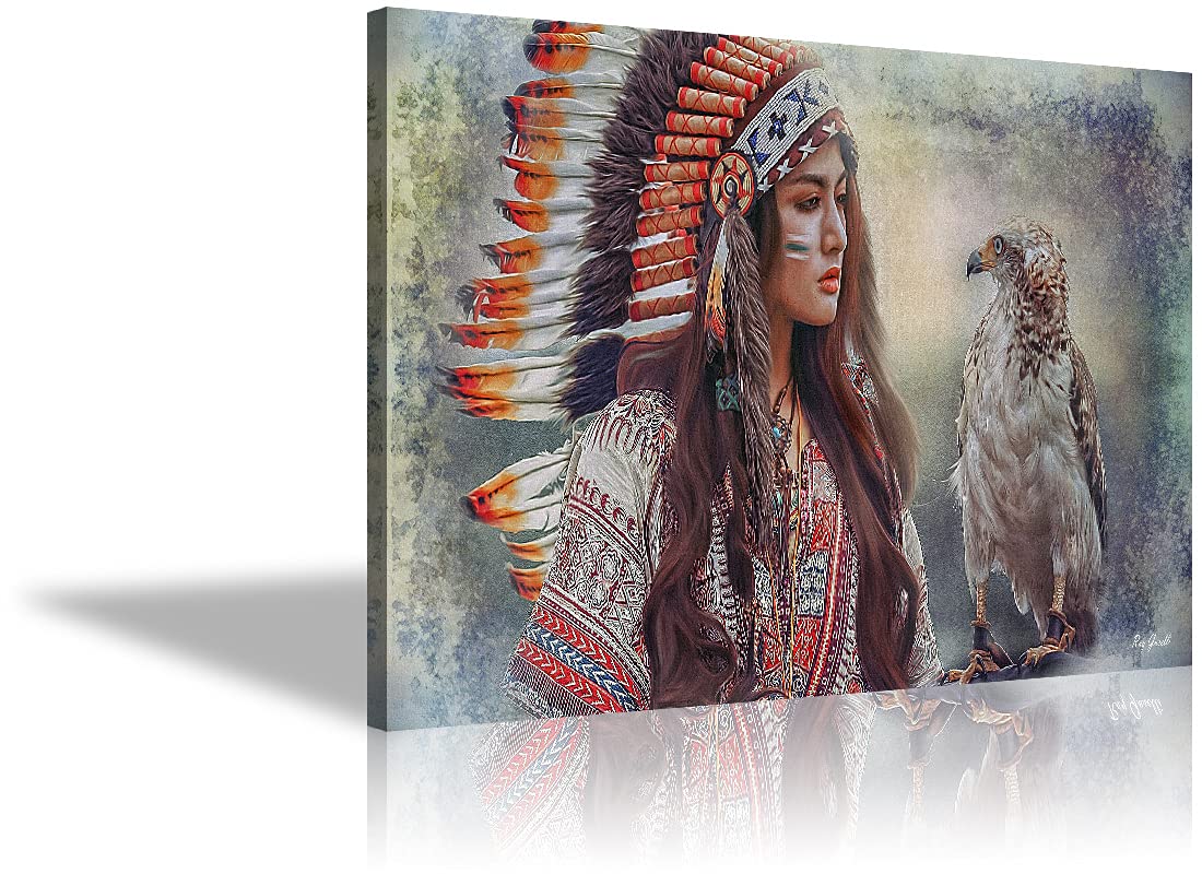 Modern Indian Wall Art - Ancient American Girl with Bird Canvas Painting | Framed & Ready to Hang | Native American Home Decor for Bedroom, Living Room (28x40 Inches) | Perfect for Boho, Southwestern & Tribal Style Interiors
