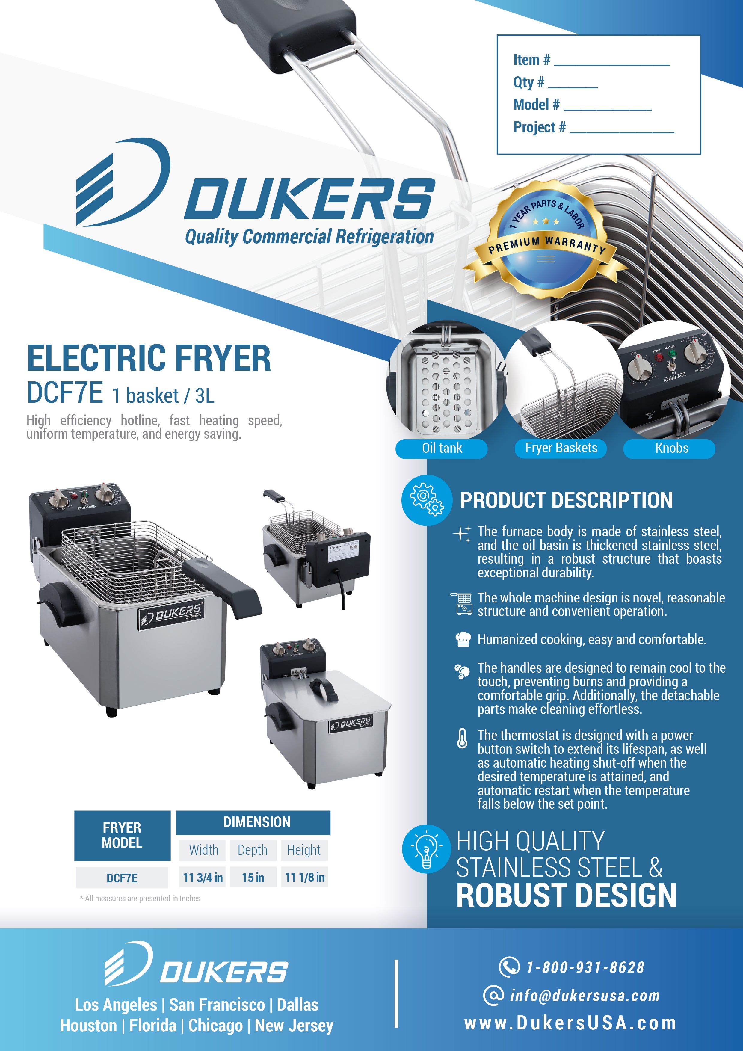 Dukers DCF7E 7lb Single Basket Electric Countertop Deep Fryer for Home & Restaurant Use - Perfect for Chicken Wings, French Fries, and Onion Rings