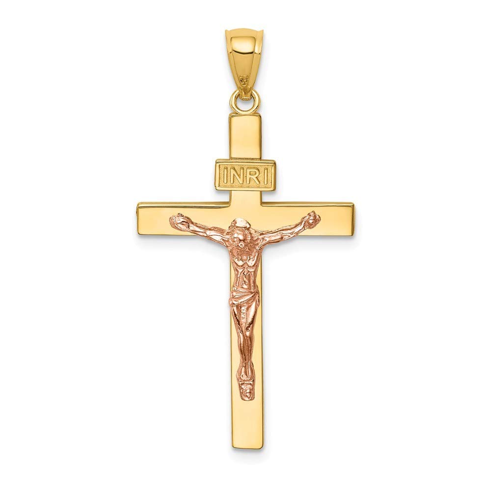 14K Two-Tone Gold INRI Crucifix Pendant Necklace for Women - 37x19mm Religious Jewelry Gift for Baptism, Confirmation & Everyday Faith Wear