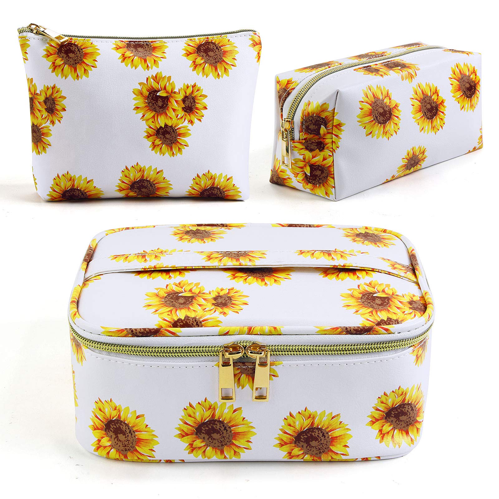 MAGEFY 3-Piece Waterproof Makeup Bag Set with Gold Zipper - Portable Travel Cosmetic Organizer for Women, Cute Toiletry Pouch for Purse (Sunflower White) | Perfect for Travel, Gym, and Daily Beauty Essentials Storage