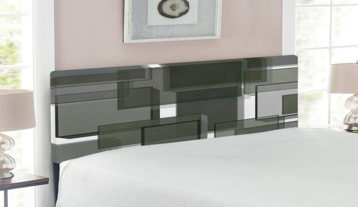 Ambesonne Taupe Upholstered Headboard with Memory Foam - 3D Cubes Geometric Design, Modern Abstract Square Pattern - Queen Size Bed Headboard in Taupe Pale Grey Green | Perfect for Contemporary Bedrooms & Guest Rooms