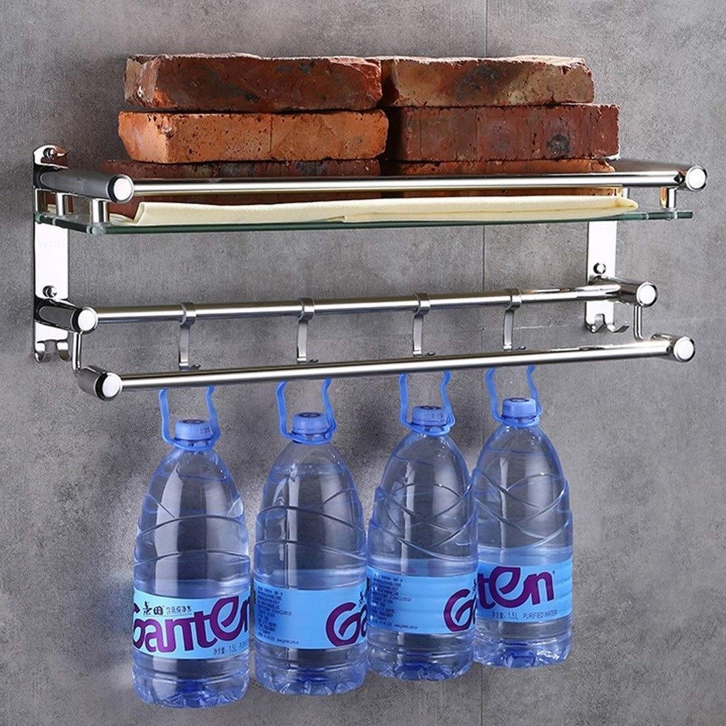 2-Tier Tempered Glass Bathroom Shelf with Towel Bar - Wall Mounted Shower Storage Organizer (50cm, Brushed Silver) - Perfect for Small Bathrooms & Spa-Like Showers