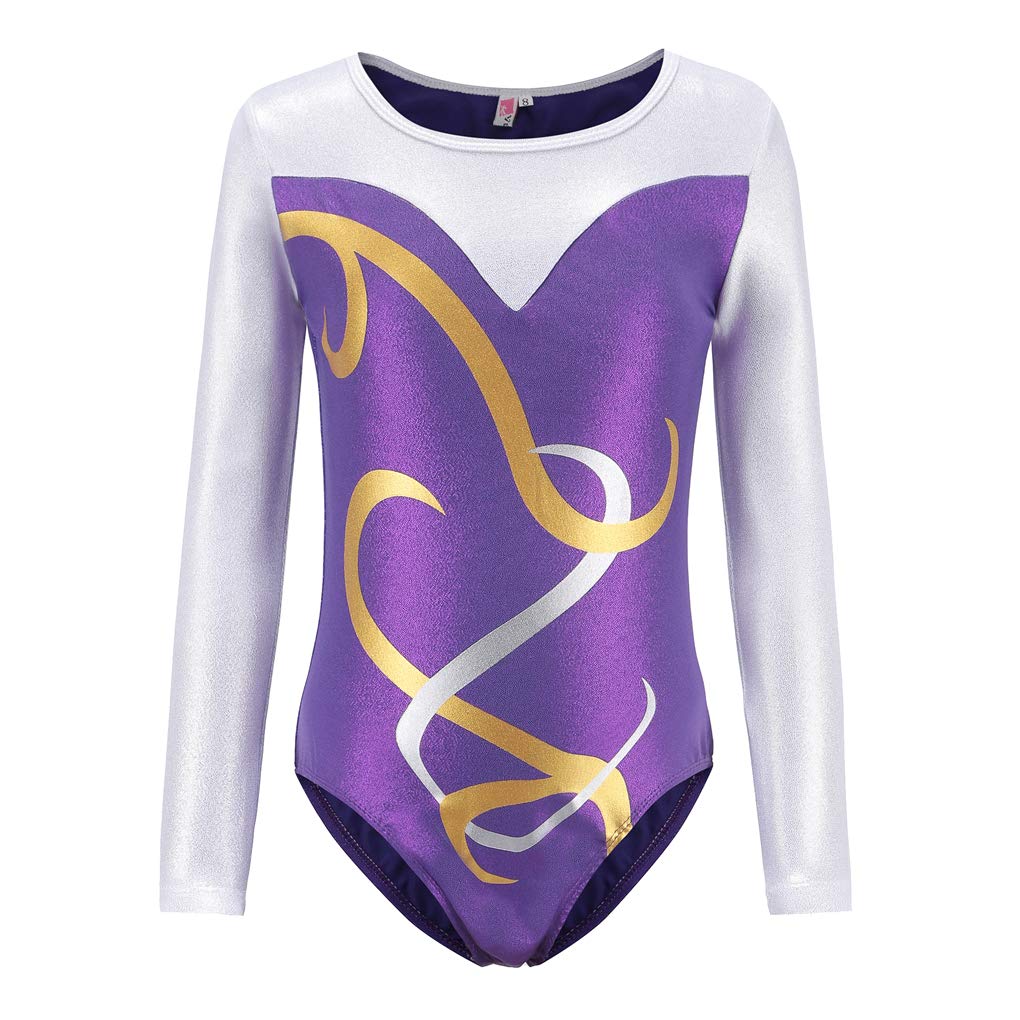 Girls Long Sleeve Shiny Golden Swirl Dance Leotard - Gymnastics Bodysuit for Ballet, Cheerleading & Performance Costume
