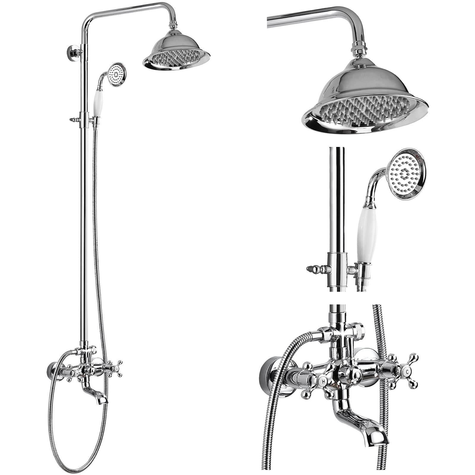 Gotonovo 8 Inch Rainfall Shower System - Polished Chrome Exposed Shower Faucet with Tub Spout, Handheld Spray & Double Cross Handles - Wall Mount Outdoor/Bathroom Shower Set for Patio, Poolside or Luxury Bathroom Upgrade