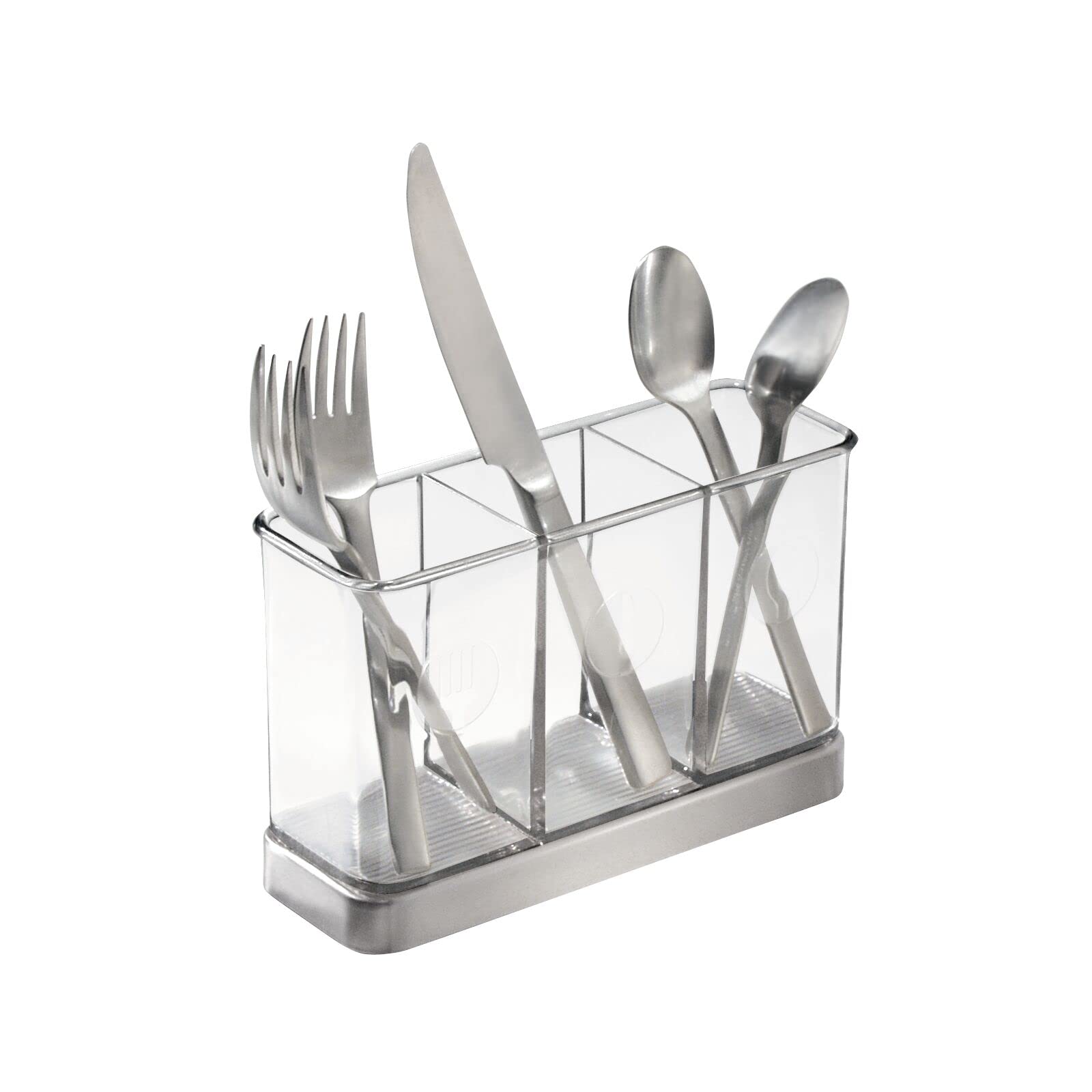 mDesign 3-Section Plastic Cutlery Storage Organizer - Kitchen Utensil Holder for Forks, Knives, Spoons & Serving Tools - Clear/Chrome Cabinet or Pantry Bin - Perfect for Indoor & Outdoor Dining, Picnics, BBQs & Camping