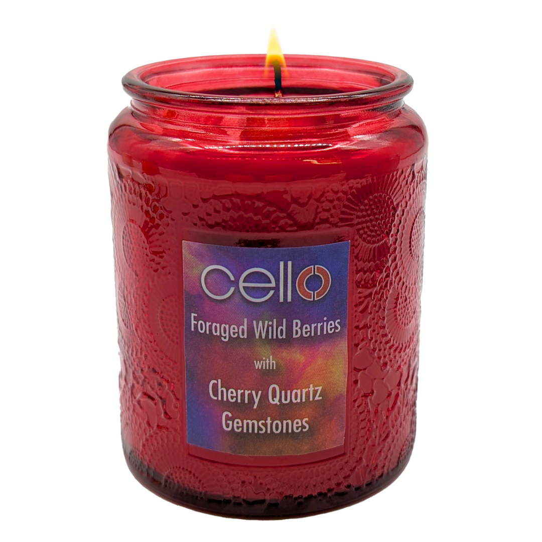 Foraged Wild Berries Scented Gemstone Candle with Cherry Quartz | Handmade Cellophane Wrap | Aromatherapy, Home Decor & Gift Idea