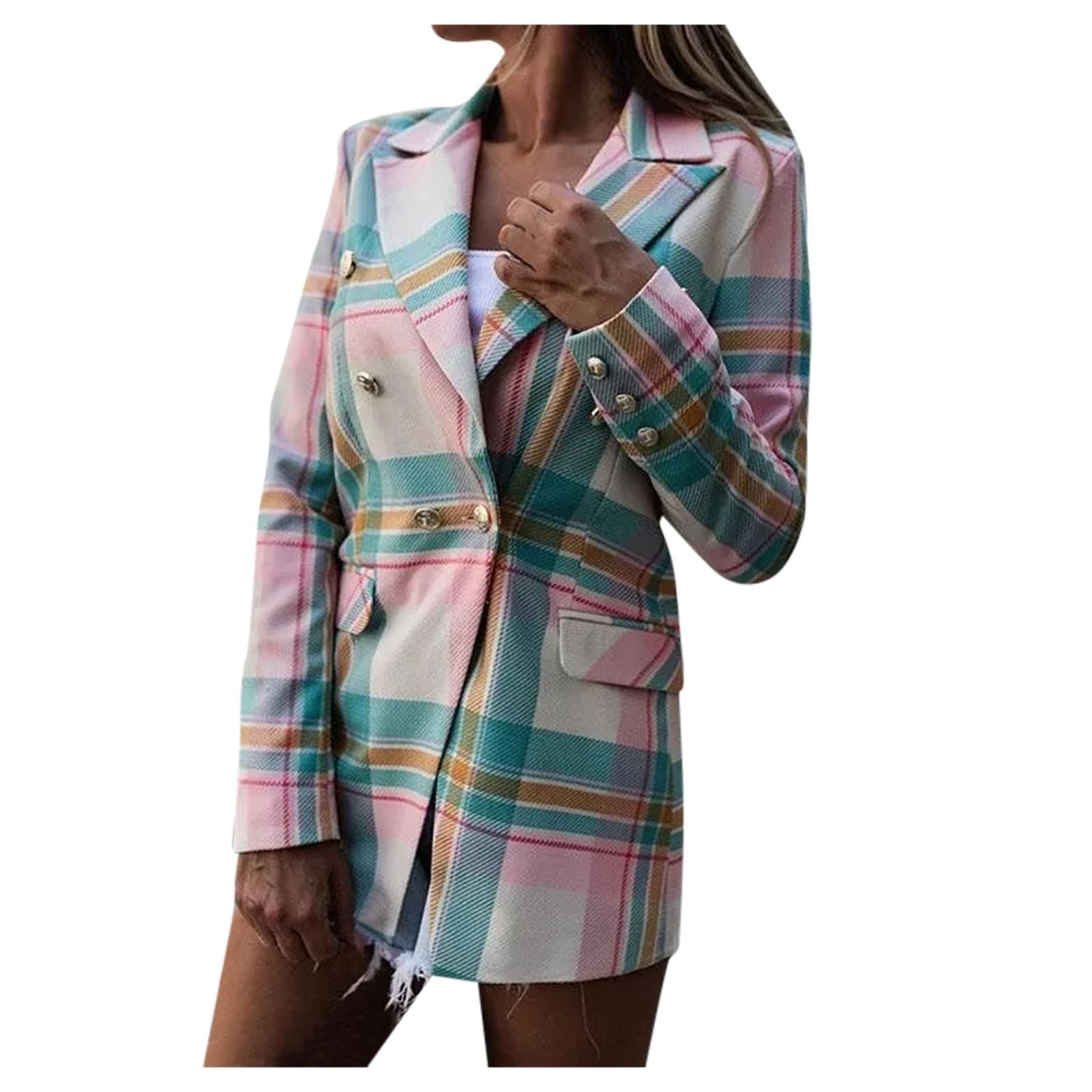 Colorful Plaid Blazer for Women - Double Breasted Office Jacket for Work & Business