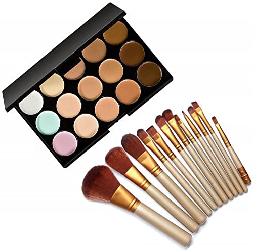 Fozzby 15 Color Cream Concealer Palette & Makeup Brush Set - Professional Contouring, Highlighting & Covering Dark Circles - Perfect for Makeup Artists & Beginners (2-Piece Kit)
