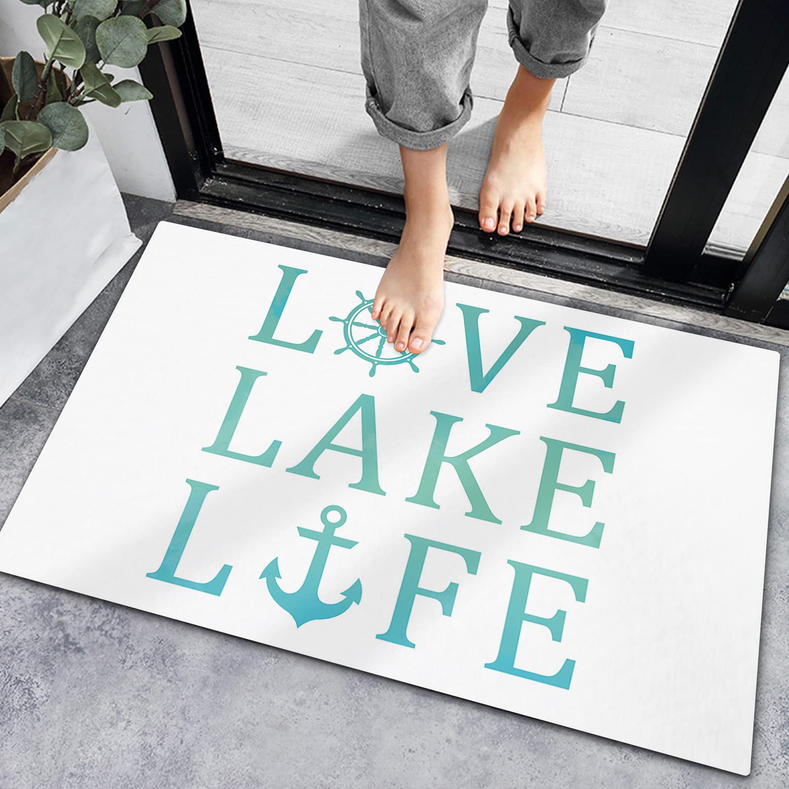 Non-Slip Lake Life Doormat - Nautical Anchor Design in Cyan & White | Indoor Entrance Mat for Bathroom, Bedroom, Kitchen & Living Room | Perfect for Coastal Homes & Waterfront Cabins