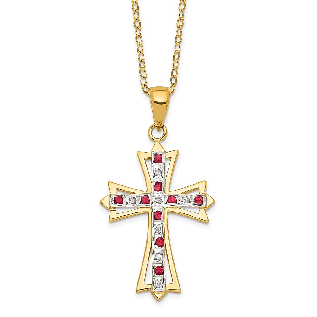 925 Sterling Silver 18k Gold Plated Red Ruby Cross Pendant Necklace - 18 Inch Religious Jewelry for Women, Diamond Accent Gemstone Charm, Perfect Gift for Her (Ideal for Church, Weddings & Special Occasions)