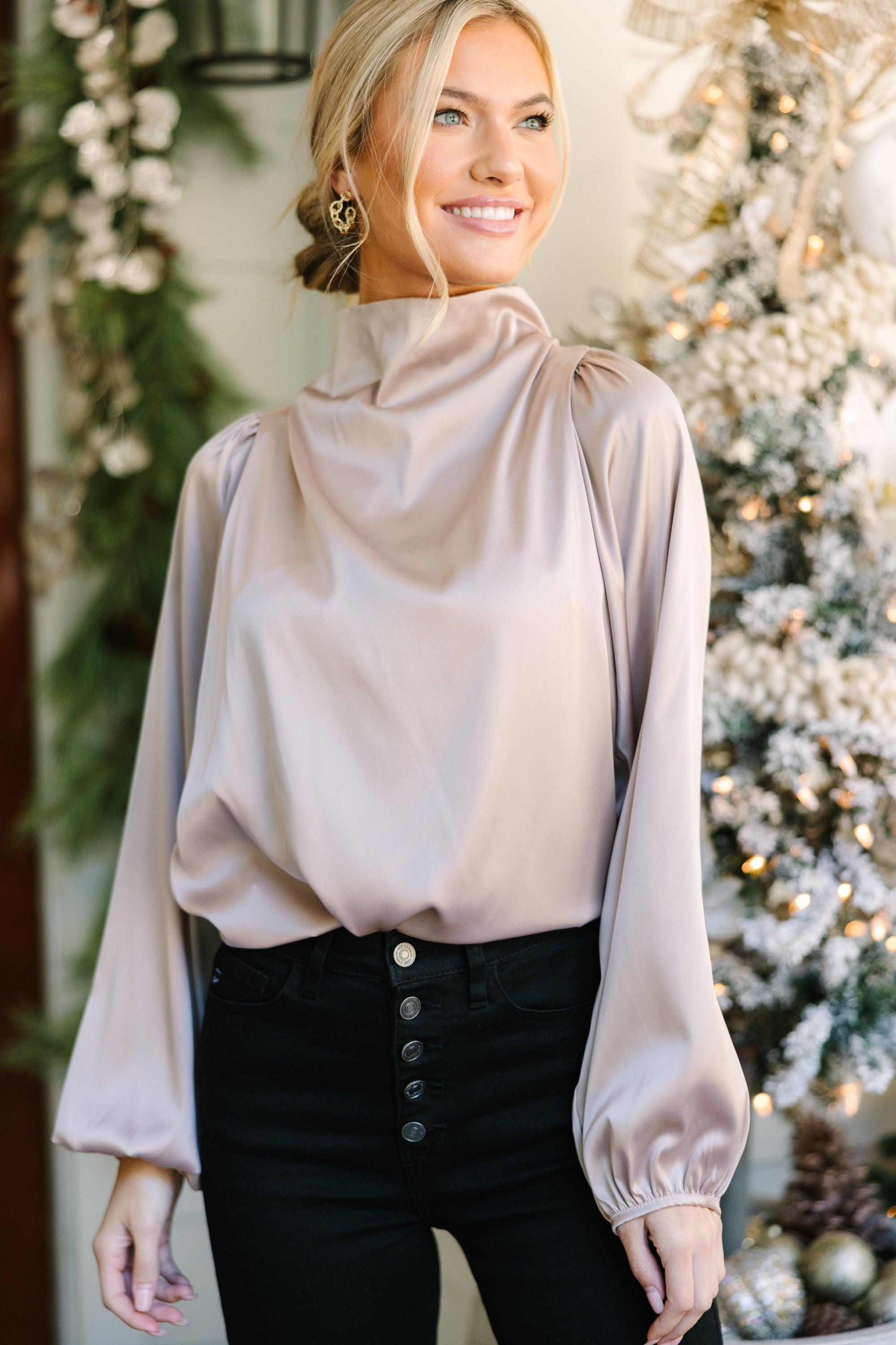 Elegant Champagne Satin Blouse for Women - Party & Evening Wear - Perfect for Weddings, Cocktail Dresses & Special Occasions