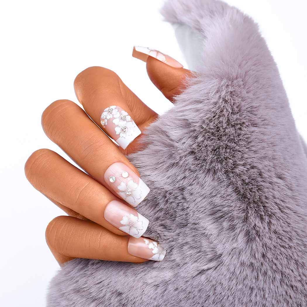 Sethexy 3D Rhinestone False Nails - 24Pcs Flower Wedding Acrylic Full Cover Fake Nails with Glitter Art Design for Women & Girls | Perfect for Bridal, Prom, Parties & Special Occasions