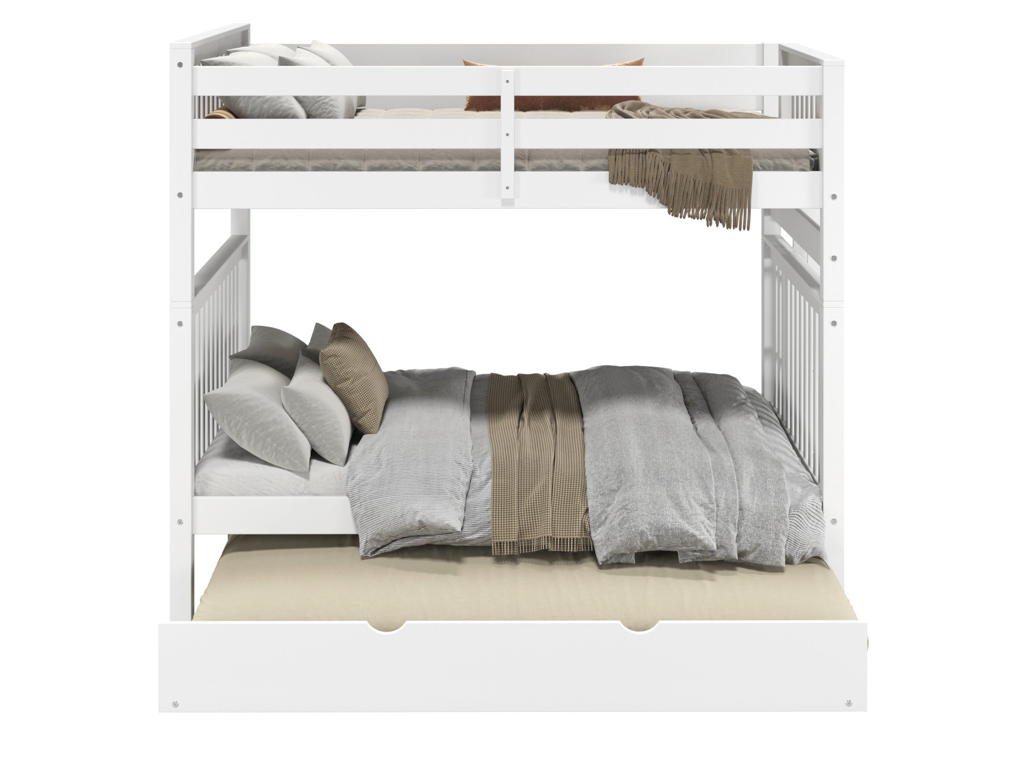 Full over Full Bunk Beds with Trundle - White Wooden Twin Bunk Bed for Kids & Teens - Space Saving Bedroom Furniture for Small Rooms, Dorms & Guest Rooms