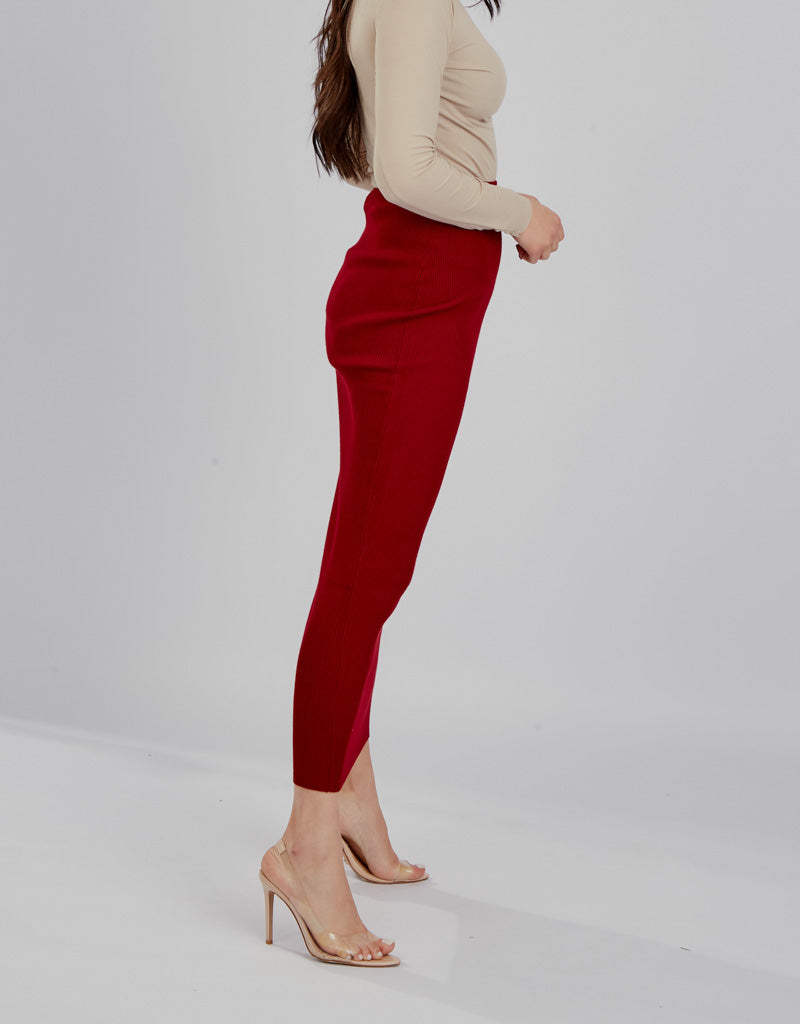 Elegant Ribbed Knit Skirt for Women - Stretchy High Waist Pencil Skirt in Maroon - Perfect for Office, Party & Casual Outfits