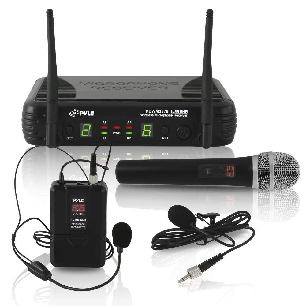 Pyle PDWM3378 Dual Channel UHF Wireless Microphone System with Handheld Mic, Headset & Belt Pack - 8 Selectable Frequencies, Independent Volume Controls, AF/RF Indicators - Ideal for Karaoke, Public Speaking, Church Services & Live Performances (Black)