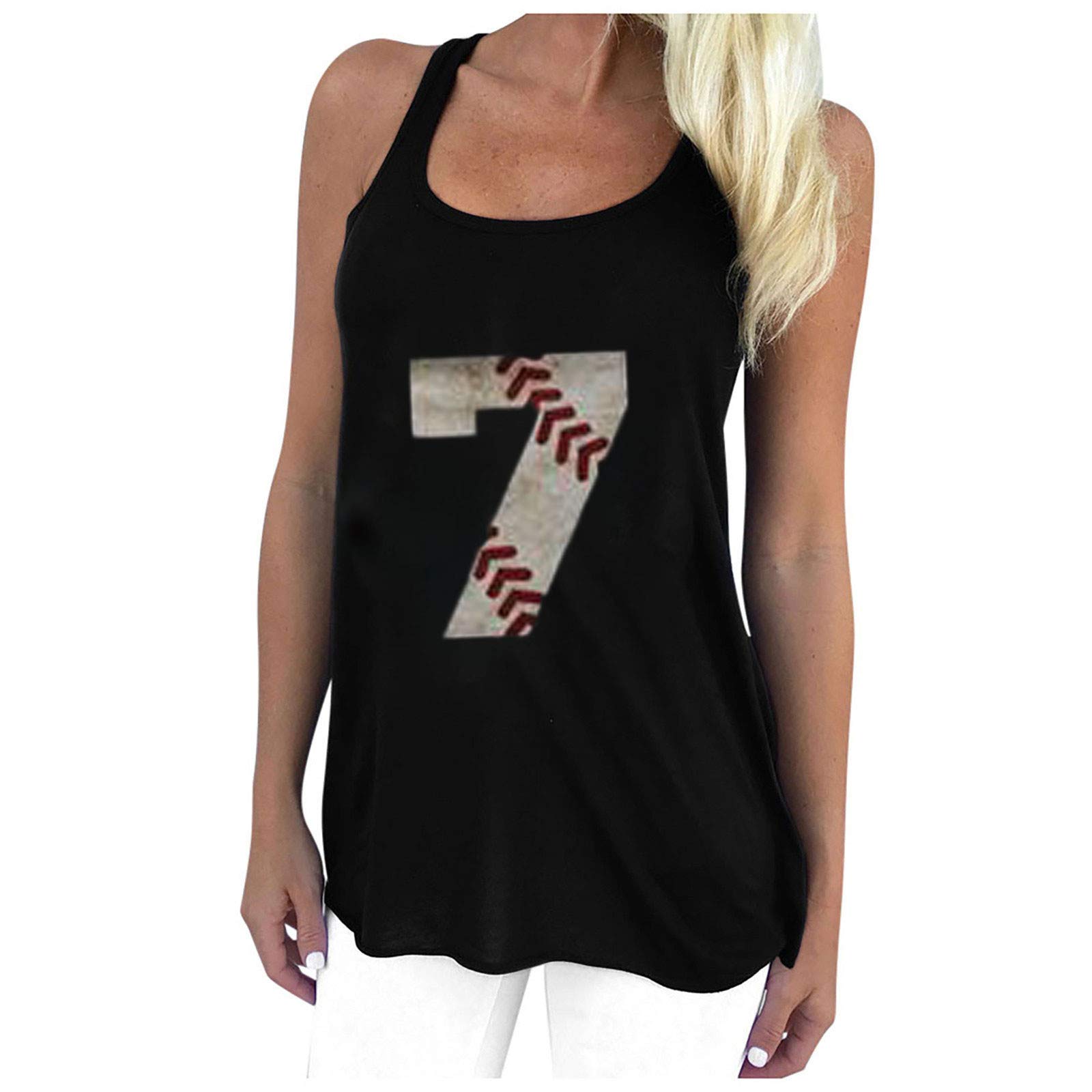 Women's Sleeveless Baseball Number Print Tank Tops - Breathable Yoga Workout Shirts, Casual Loose Scoop Neck Blouse for Gym, Running & Summer Outfits