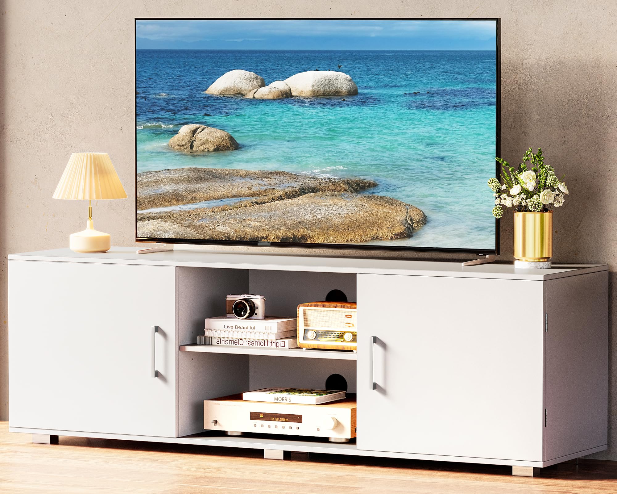 Huuger TV Stand for 55 Inch TV - Modern Entertainment Center with 2 Storage Cabinets, 6 Cable Management Holes - White Media Console for Living Room, Bedroom, Home Theater - Perfect for Organizing Electronics & Enhancing Home Decor