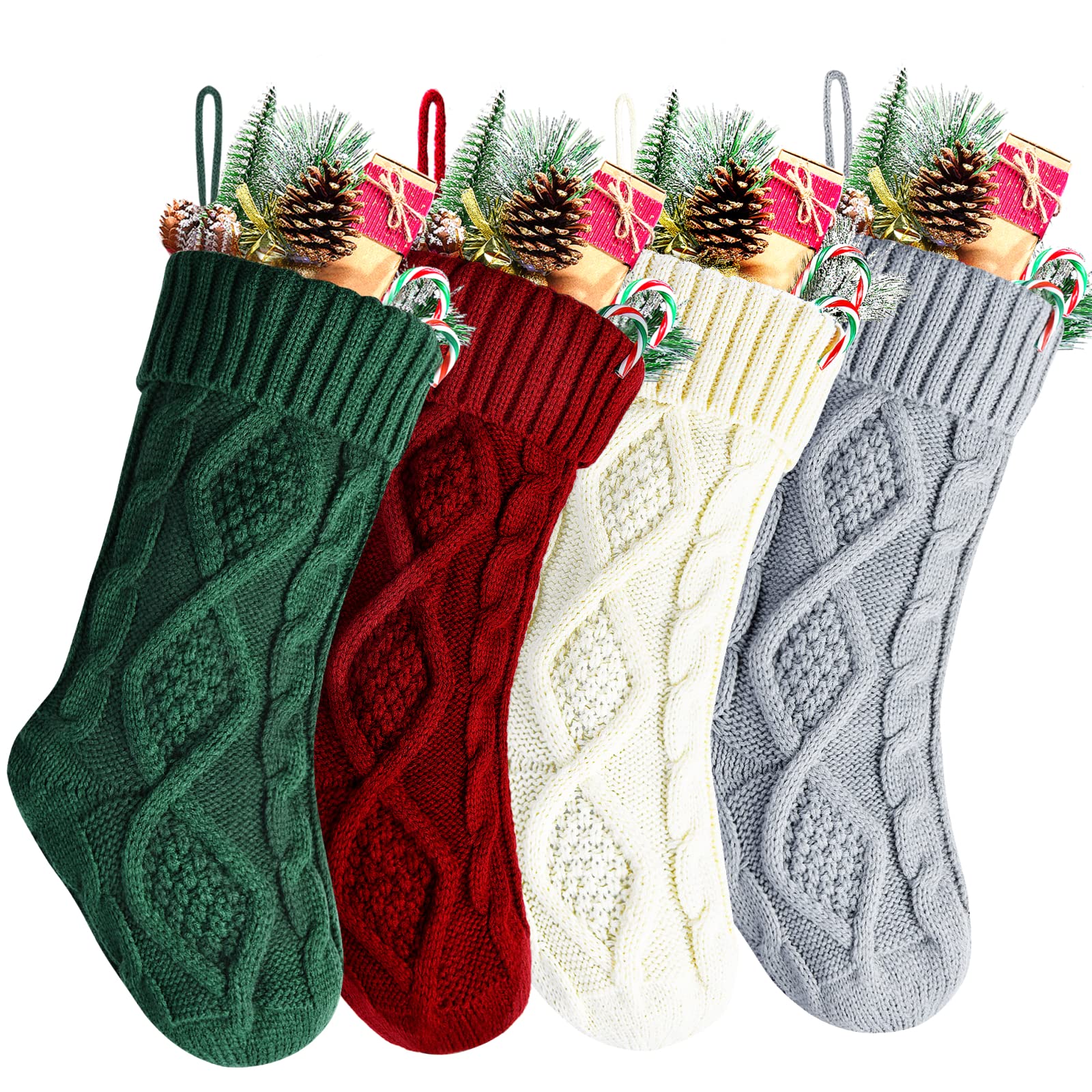 4-Pack 14 Inch Knit Christmas Stockings - Burgundy, Green, Ivory & Gray for Holiday Decor, Fireplace Mantel & Festive Gift Giving