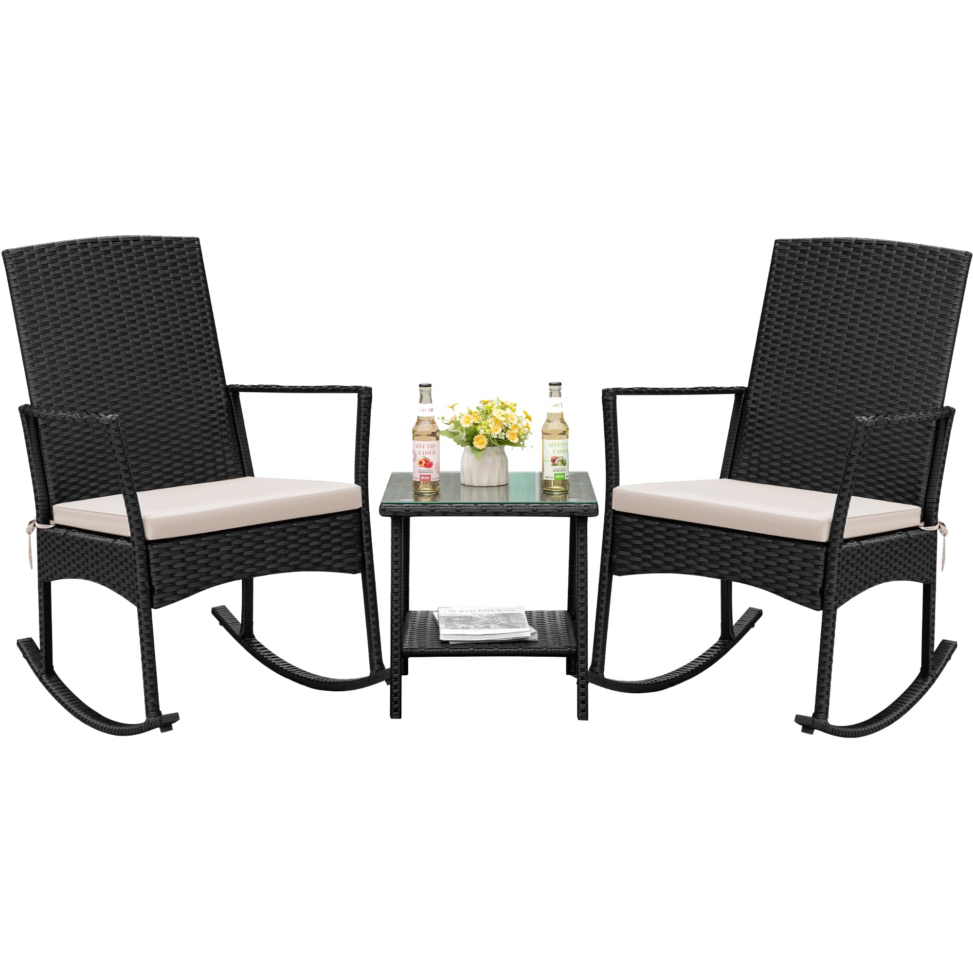 Premium PE Wicker Rocking Chair with Glass Side Table - High Back Outdoor Patio Rocker for Porch, Garden, Balcony & Backyard - Weather-Resistant Beige Rattan Furniture (Perfect for Relaxing, Sunbathing & Outdoor Lounging)