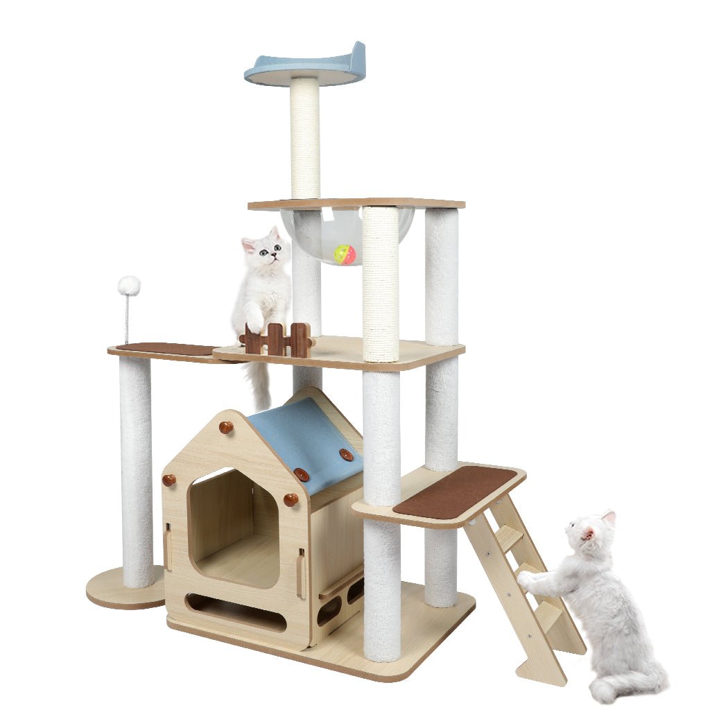 138cm Windmill Wood Cat Condo House - Cozy Multi-Level Cat Tree with Scratching Posts for Indoor Cats - Perfect for Play, Sleep & Climbing in Home or Office