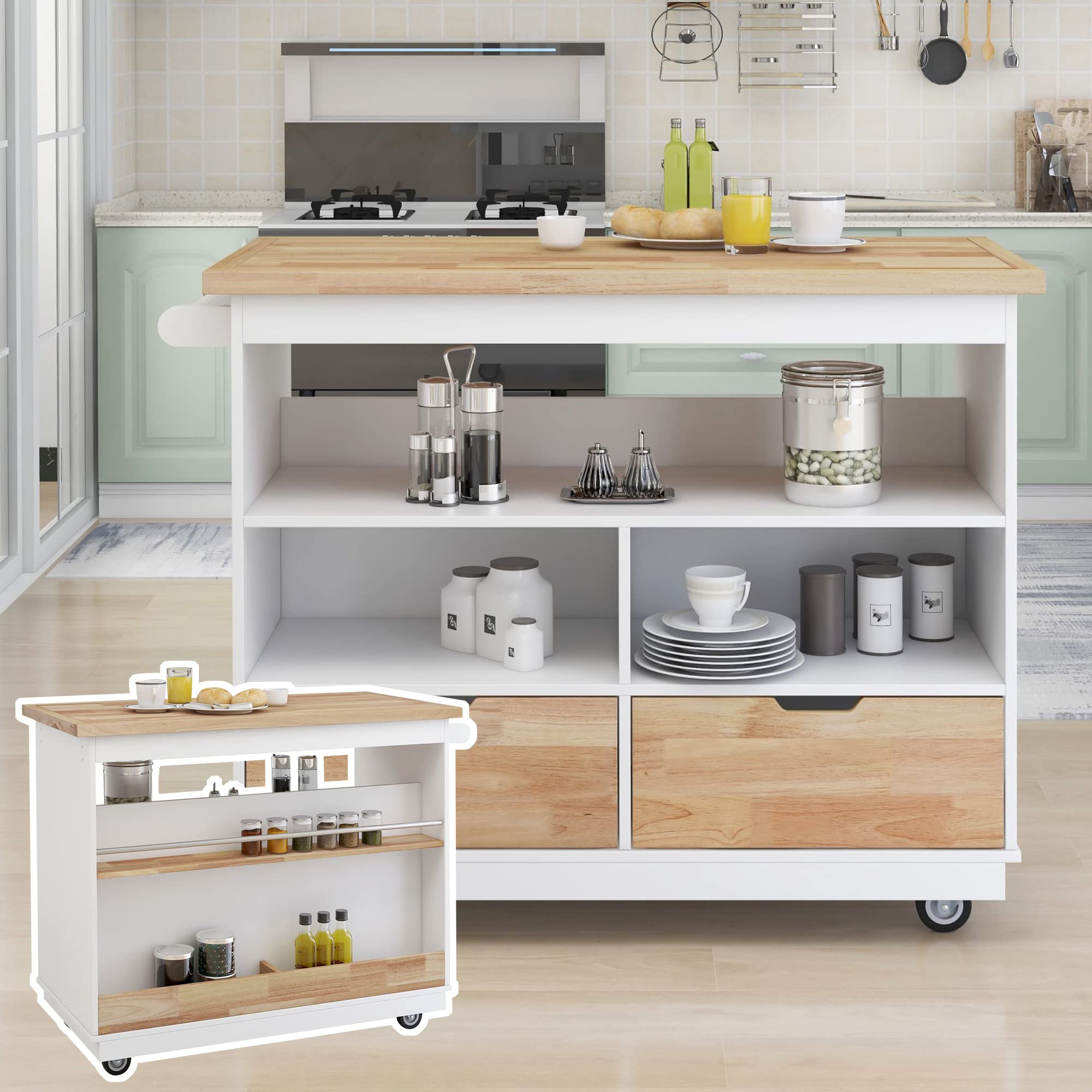 Goujxcy White Rolling Kitchen Island Cart with Lockable Casters, Adjustable Shelves, Drawers & Cabinets for Storage, Mobile Kitchen Cart for Small Spaces, Dining Room & Apartment Use (A1-Brown2)