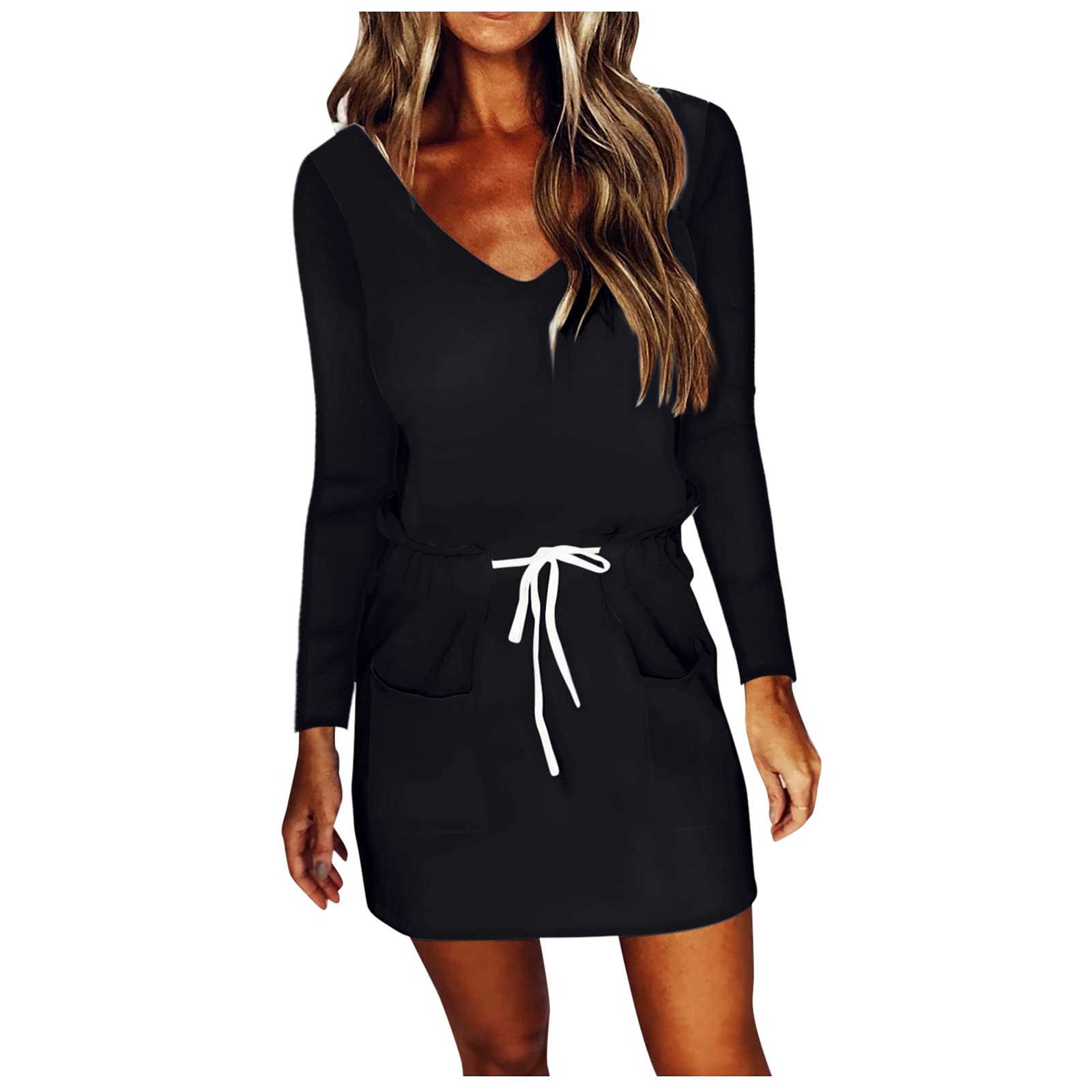 YHAIOGS Women's Summer V-Neck Swing Dress - Casual Long Sleeve Striped Belted Midi Dress - Plus Size Flowy Dress for Beach, Party & Office Wear