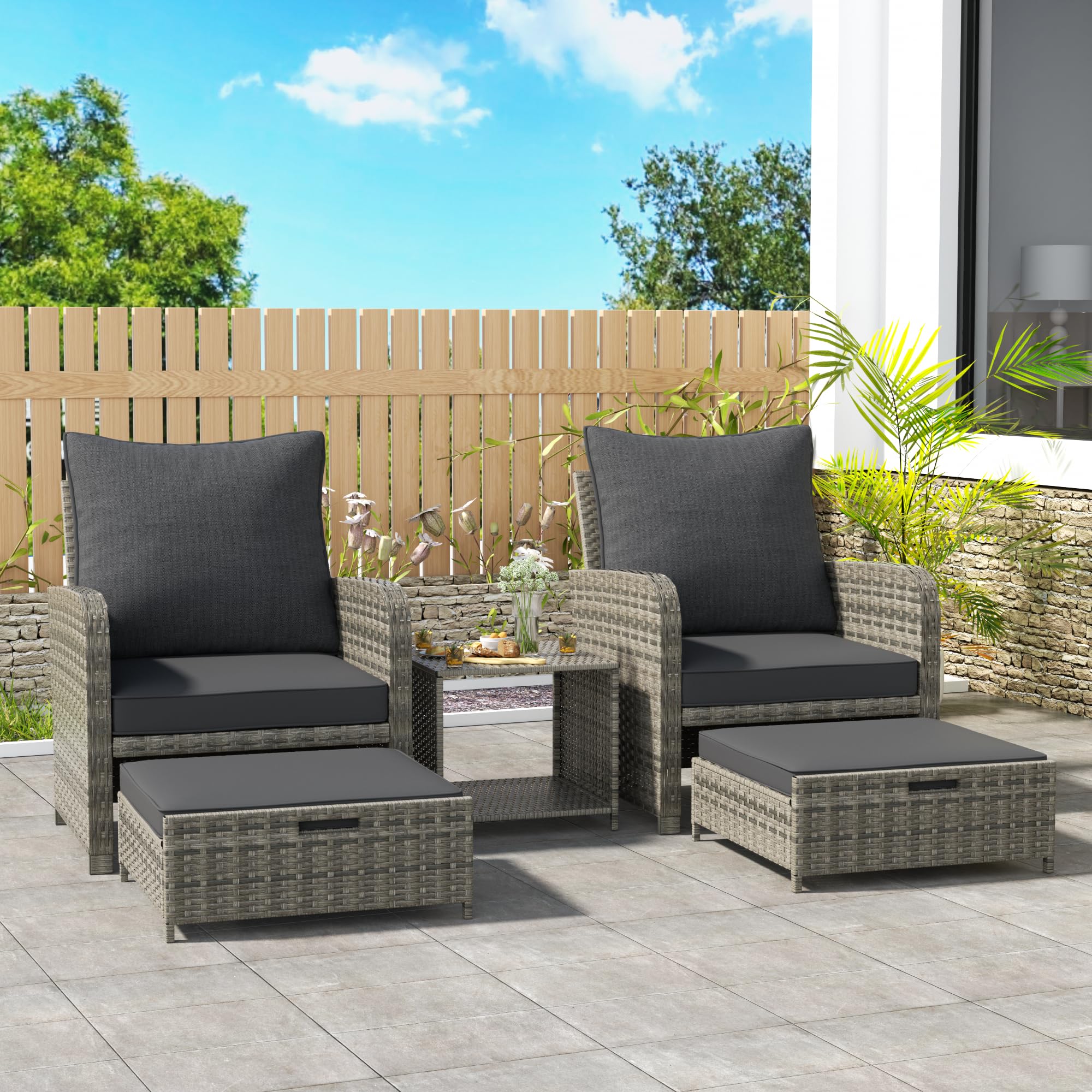 5-Piece Patio Furniture Set - Rattan Wicker Outdoor Sofa Conversation Set with Coffee Table & Ottomans for Garden, Poolside, Backyard - Weather-Resistant Grey Wicker Furniture for Relaxing & Entertaining Outdoors