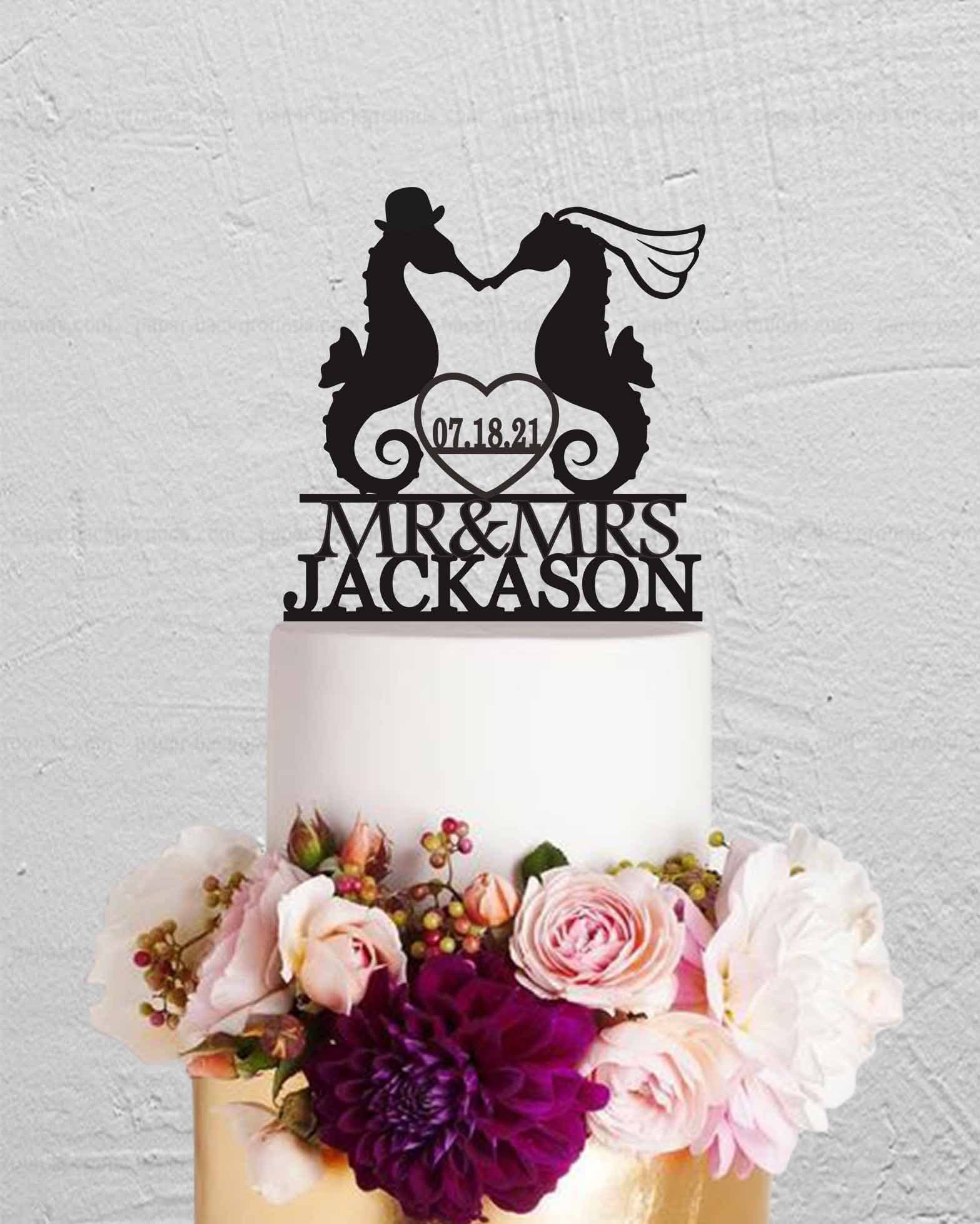 Seahorse Wedding Cake Topper - Beach Theme Cake Decor - Animal Couple Wedding Topper - Bride & Groom Seahorse Figurine - Mr & Mrs Cake Decoration for Beach Weddings, Ocean Theme Parties & Anniversary Cakes