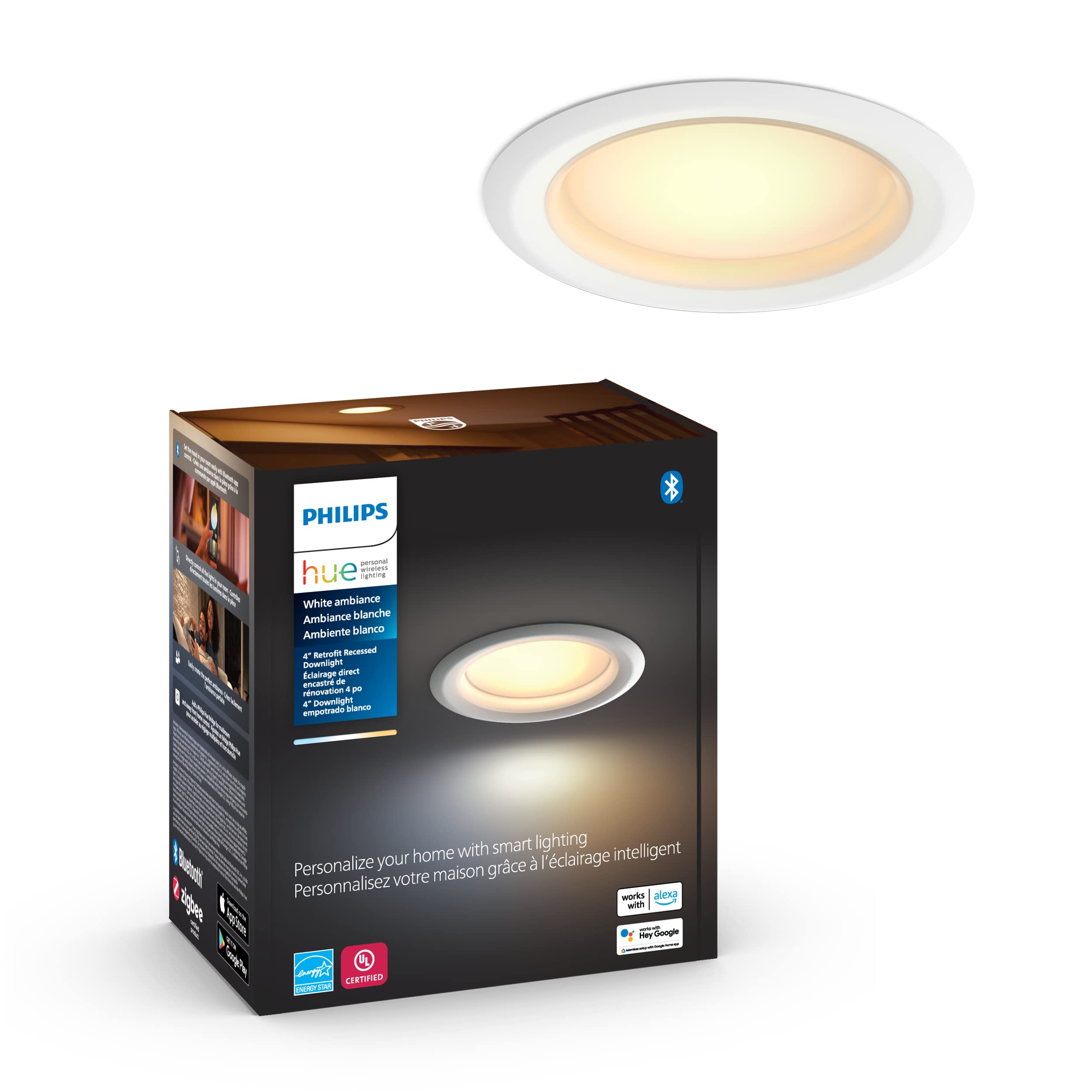 Philips Hue White Ambiance Smart LED Recessed Downlight 4 Inch - Bluetooth & Zigbee Compatible (Works with Hue Hub) - Dimmable Smart Ceiling Light for Home & Office - 1 Pack - Perfect for Bedrooms, Kitchens & Living Rooms