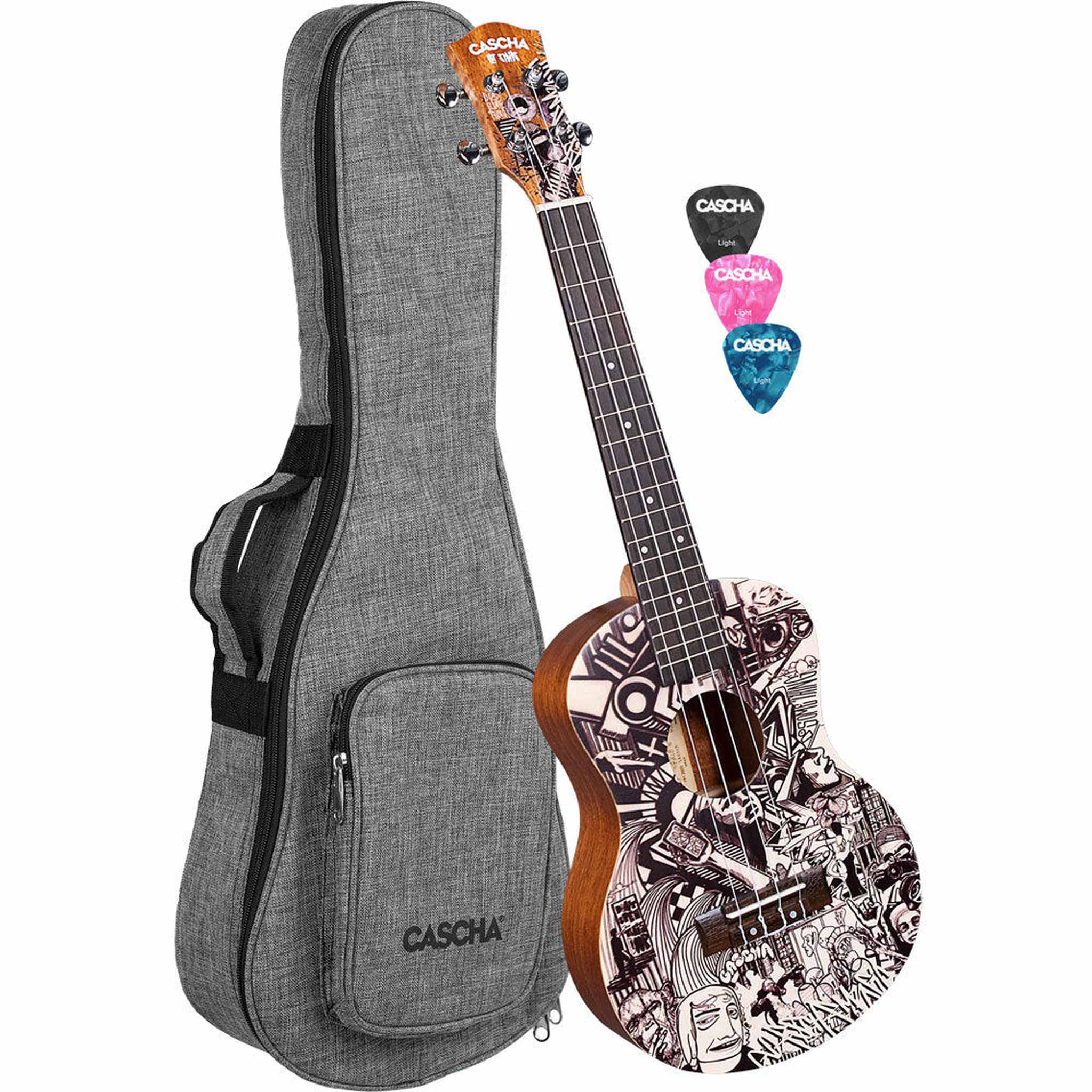 Cascha Art Series Tenor Ukulele with Sketch Design - Professional 26 Inch Hawaiian Guitar with Gig Bag - Perfect for Beginners, Travel & Live Performances