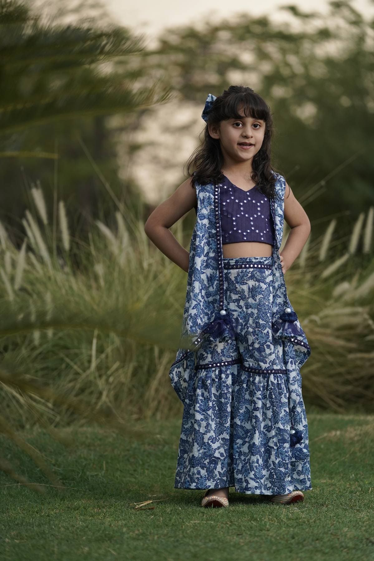 Pre Order: Blue Mirror Embroidery Top and Printed Sharara Set - Elegant Indian Ethnic Wear for Weddings, Festivals & Special Occasions