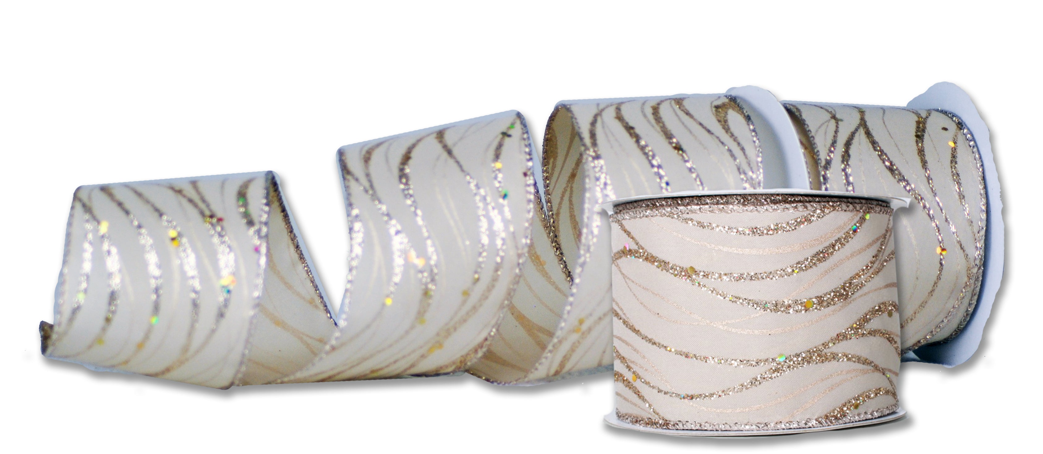 2 Pack of 30' Champagne Ribbon with Gold Glitter Lines - Perfect for Wedding Decorations, Party Supplies, Gift Wrapping & DIY Crafts