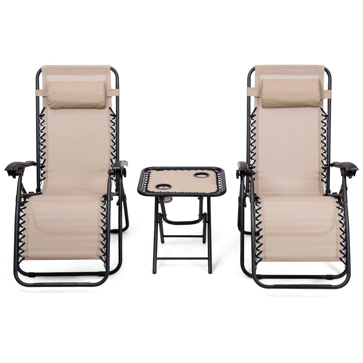 Zero Gravity Lounge Chair Set - 3 PCS Outdoor Reclining Chairs with Removable Headrest & Portable Side Table for Patio, Poolside, Backyard, Beach - Beige Relaxation Furniture for Sunbathing, Lounging and Outdoor Leisure
