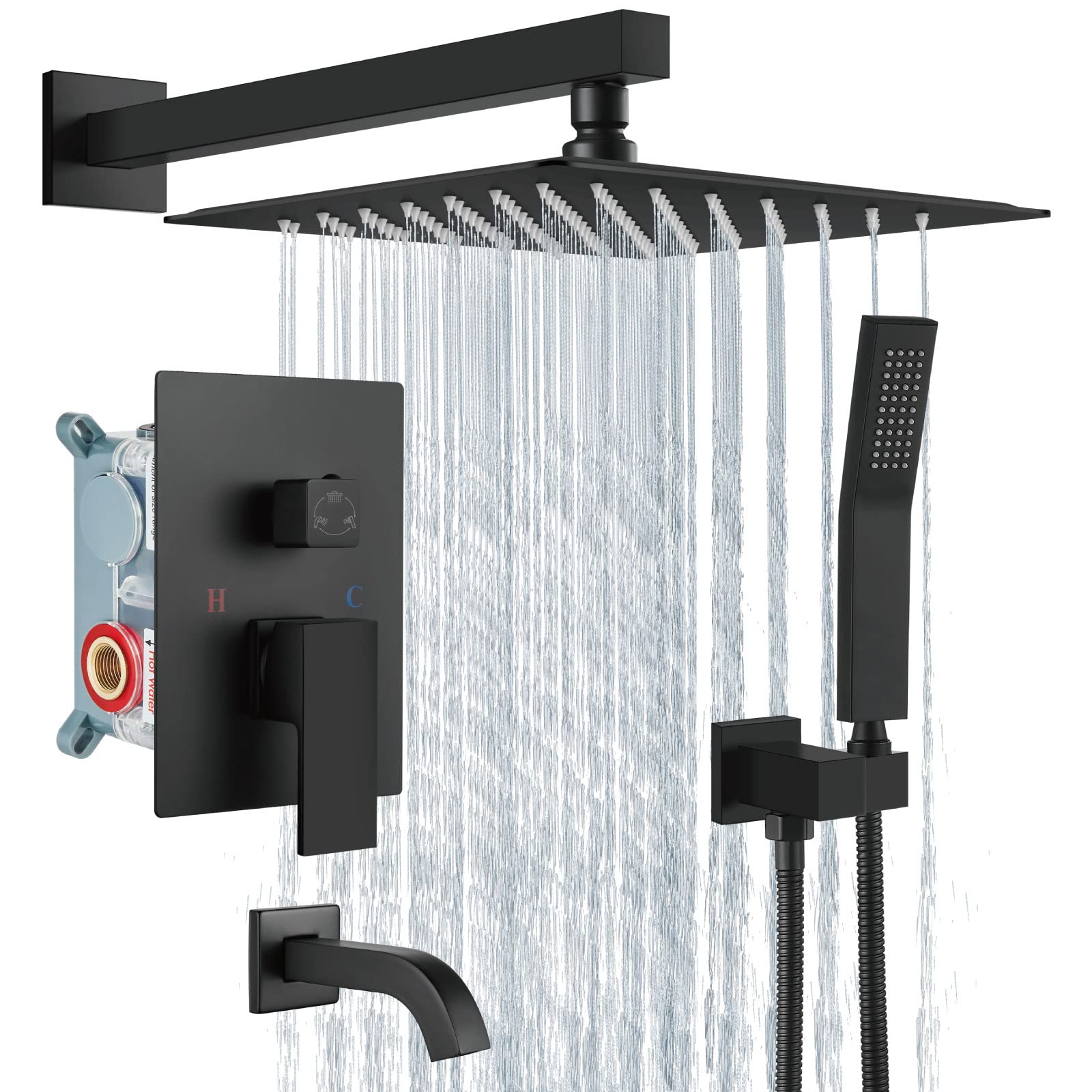 **Aolemi Luxury Rainfall Shower System - 10 Inch Matte Black Shower Head Combo Set with Tub Filler, Handheld Shower & Wall Mount Mixer Faucet - Perfect for Modern Bathroom & Spa-Like Shower Experience**