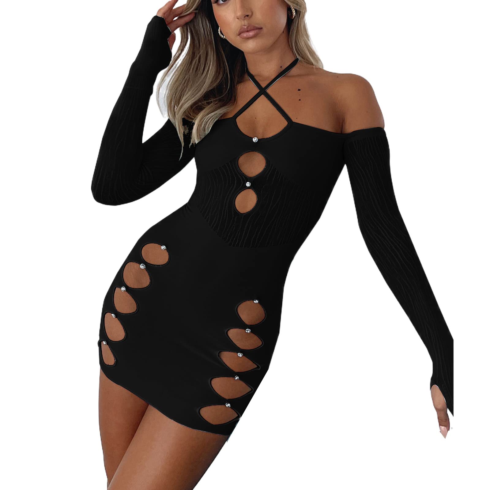 Sexy Hollow Out Mini Dress for Women - Long Sleeve See Through Bodycon Club Dress | Perfect for Night Out, Party & Club Wear