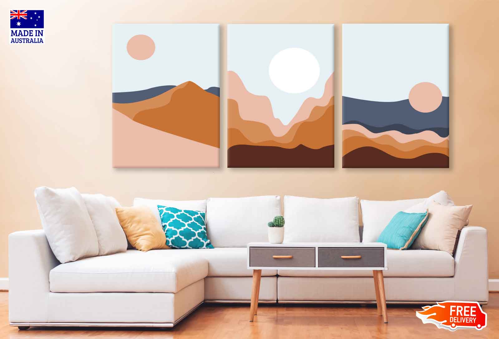 3-Piece Mountain with Sun Vector Art Canvas Prints - High Quality Australian Made Wall Decor - Ready to Hang for Living Room, Bedroom & Office