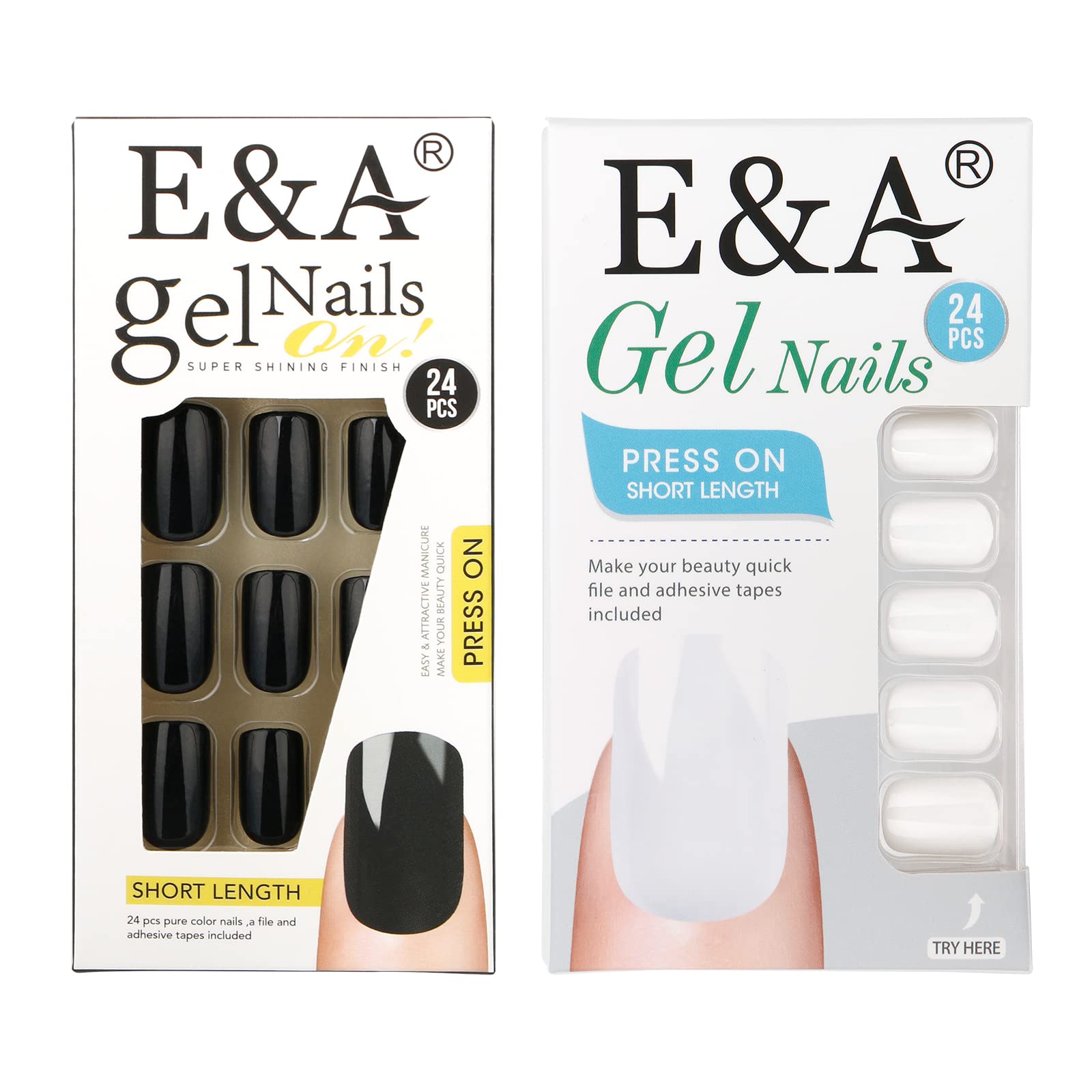 E&A 2 Packs Short Square Press On Nails - 24Pcs Black & 24Pcs White Gel False Nails Kit with Glue - Easy Stick On Manicure Nail Art Tips for Women & Girls - Perfect for Parties, Weddings, and Daily Wear