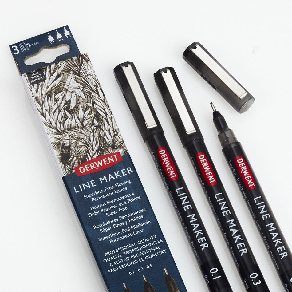 Derwent Line Maker Drawing Pen - Black Fine Tip Set of 3 - Perfect for Sketching, Technical Drawing & Calligraphy