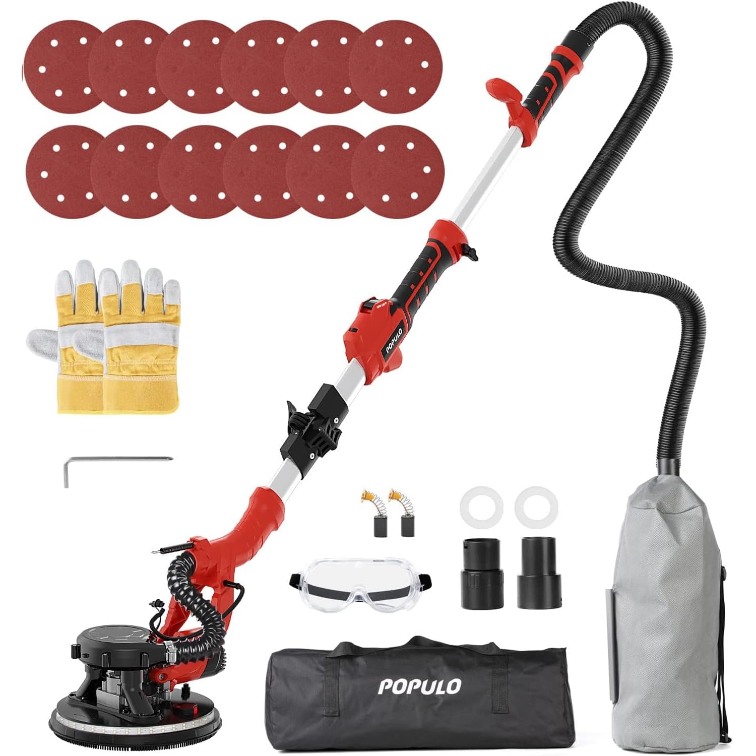 POPULO 810W 7A Electric Drywall Sander with Vacuum Attachment - Variable Speed 900-1800RPM, 12 Sanding Discs, LED Light & Dust Hose - Perfect for Home Renovation, Drywall Repair and Professional Construction Projects