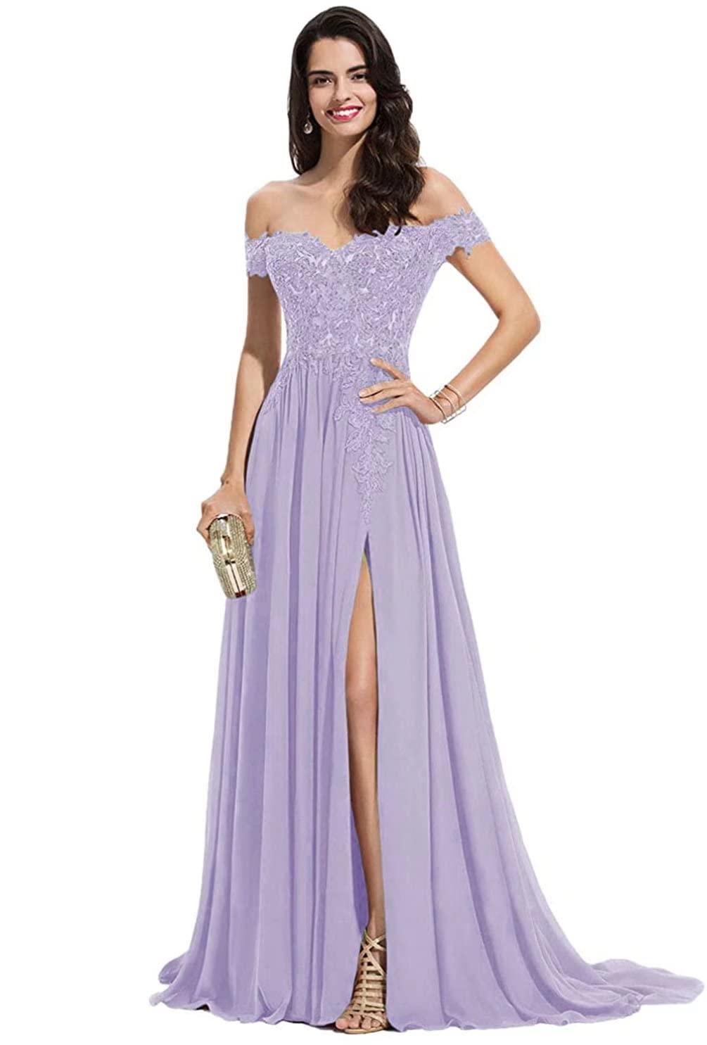 BTgirl Women's Off Shoulder Long Prom Dresses with Split Lace Appliques Chiffon V Neck Formal Evening Gowns for Homecoming, Wedding Guest, Cocktail Party & Special Occasions