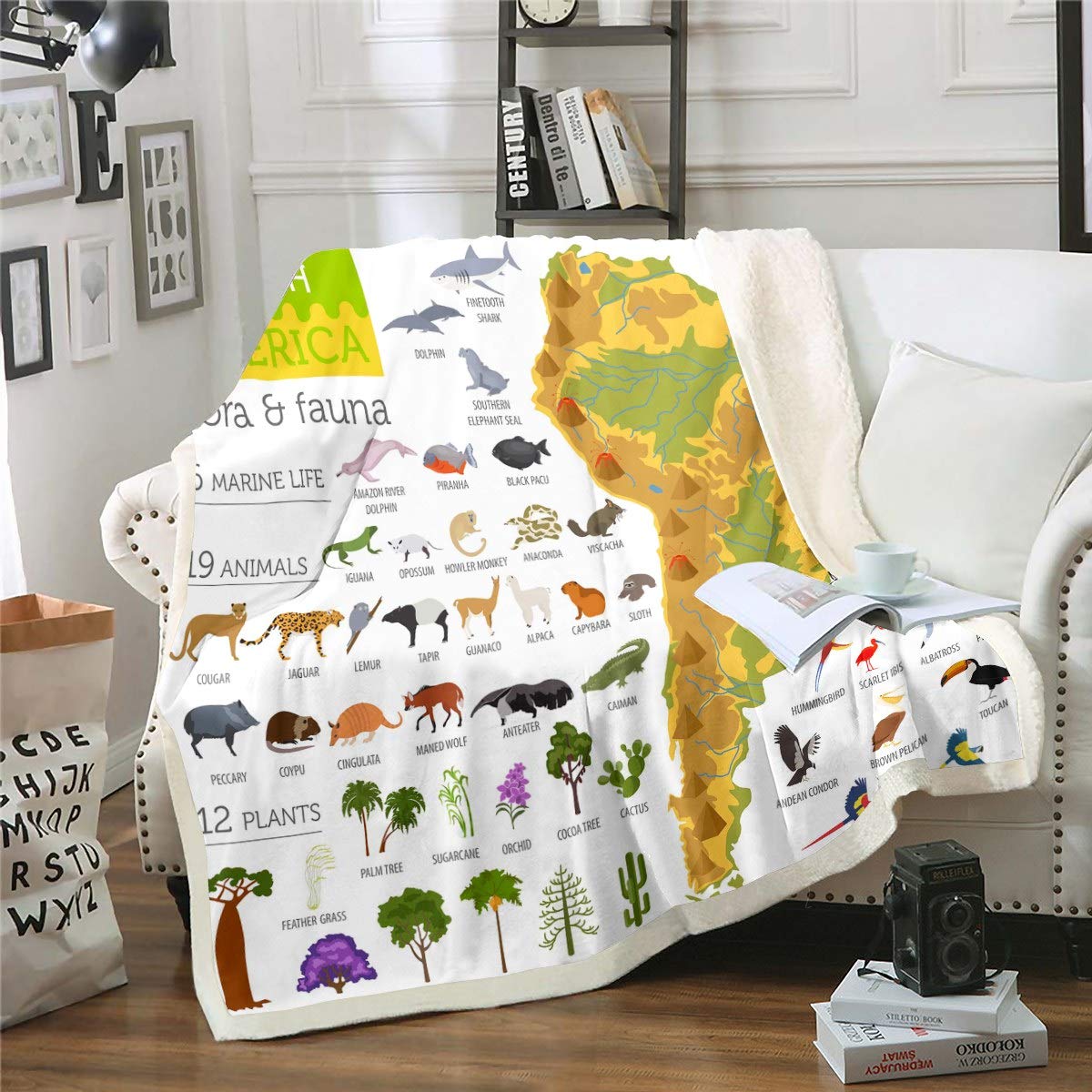 World Map Sherpa Fleece Throw Blanket 30x40 Inch - Kids' Animal Tree Bird Print Plush Blanket for Boys & Girls | Cozy Sofa, Bed, Couch Blanket for Nursery, Travel & Home Decor