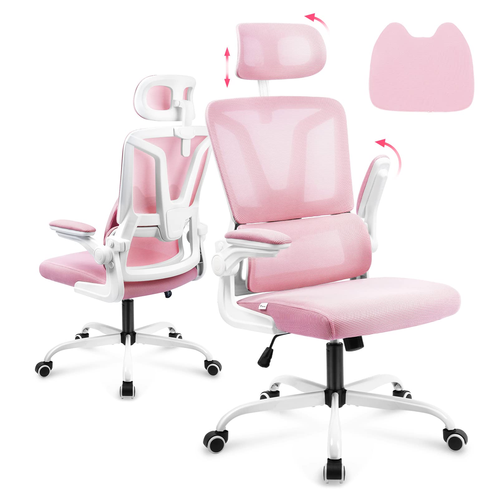 Soontrans Pink Ergonomic Office Chair with Lumbar Support Pillow - Adjustable Mesh Computer Chair with Headrest & Armrests - Comfortable Swivel Desk Chair for Home Office, Gaming & Workspace