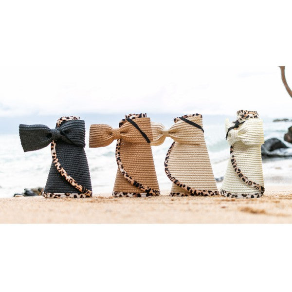 Foldable Straw Hat with Leopard Print Bow Visor - Summer Beach Hat for Women, Outdoor Sun Protection for Travel, Gardening, and Vacations