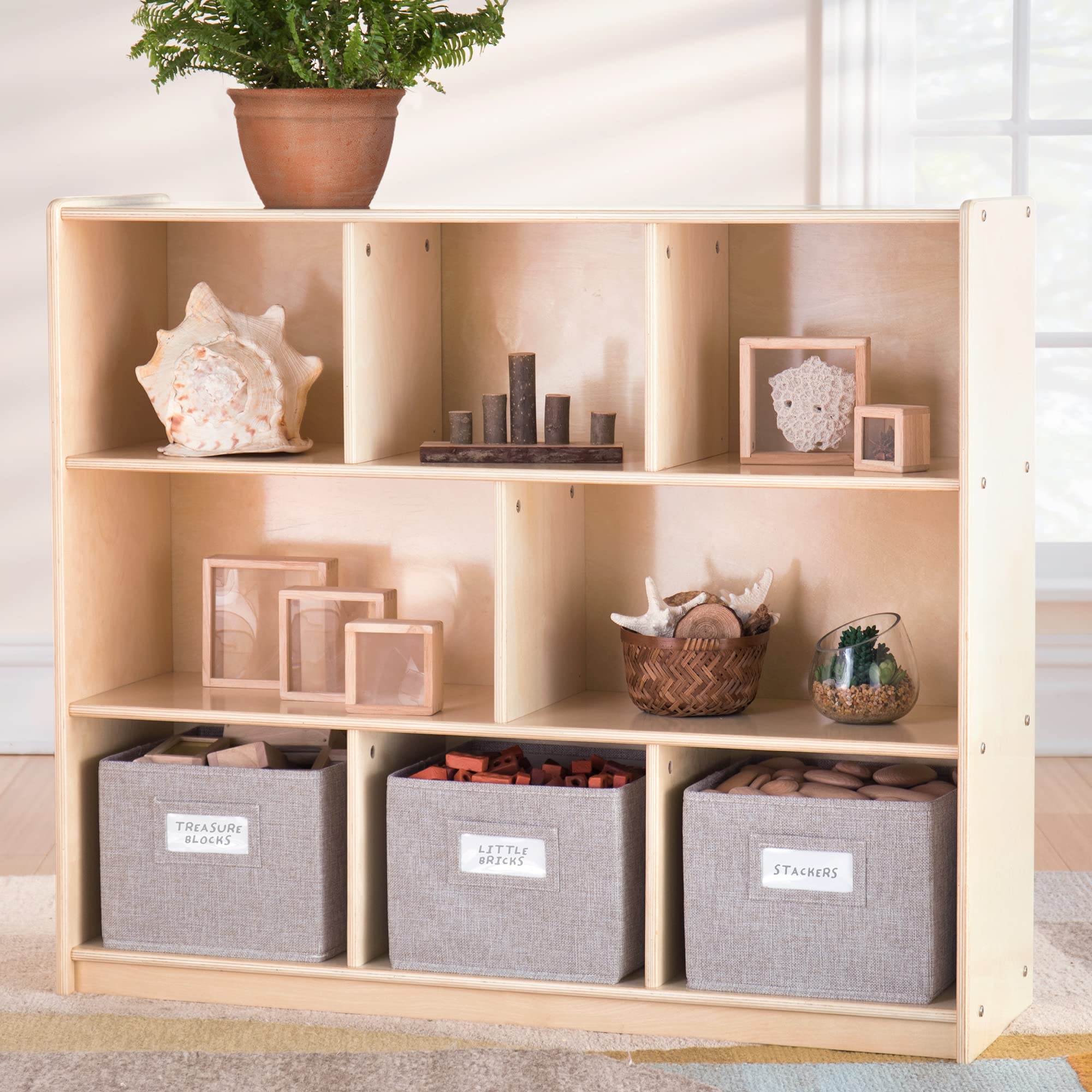 Guidecraft EdQ Essentials 3-Shelf Wooden Storage Unit with Fabric Bins - Kids Bookshelf & Toy Organizer for Homeschool, Classroom & Playroom - Perfect for Organizing Books, Toys & Learning Supplies