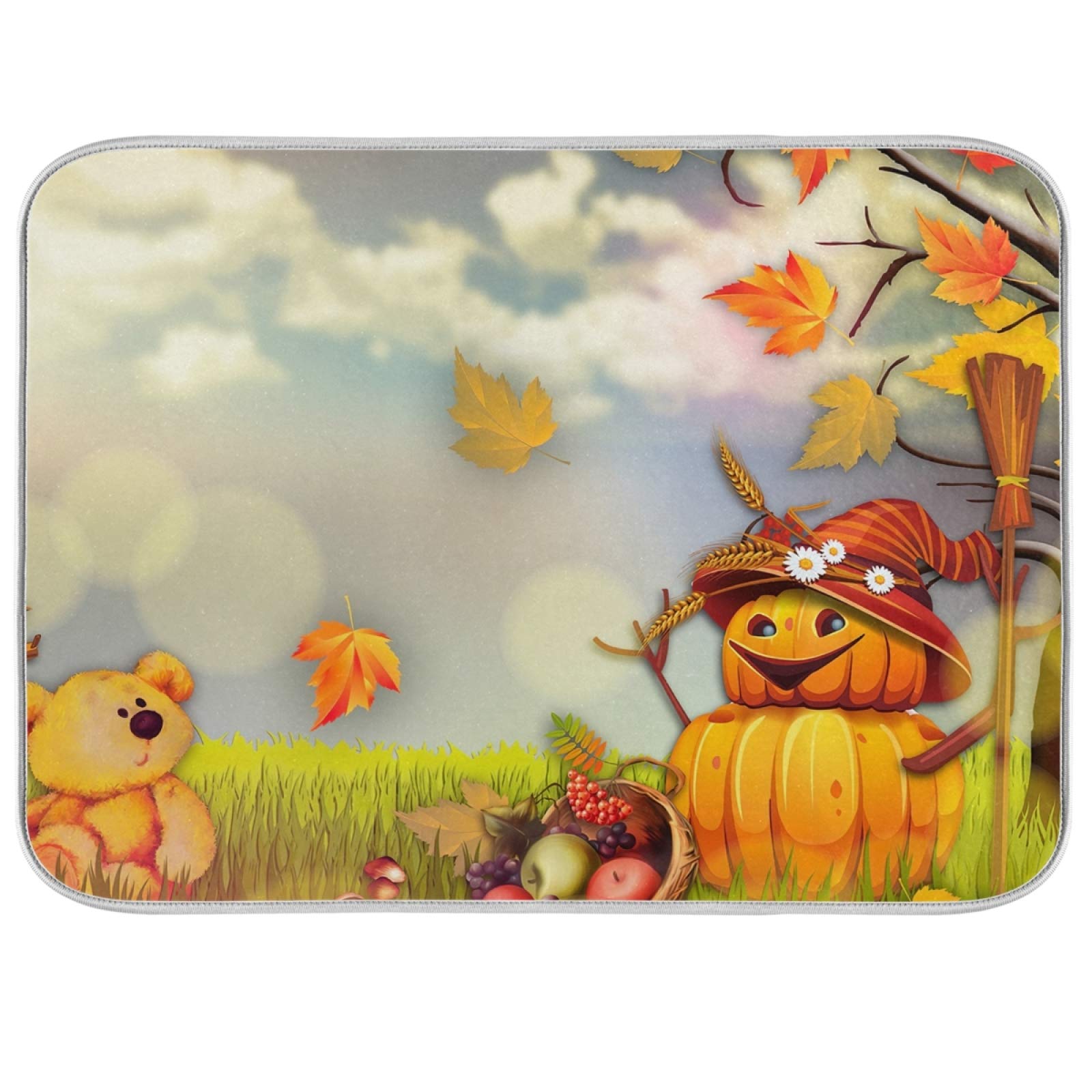Halloween Pumpkin Maple Leaf Dish Drying Mat - Large 18x24 Inch Kitchen Counter Mat, Absorbent & Durable for Dish Drying, Perfect for Fall & Holiday Kitchen Decor